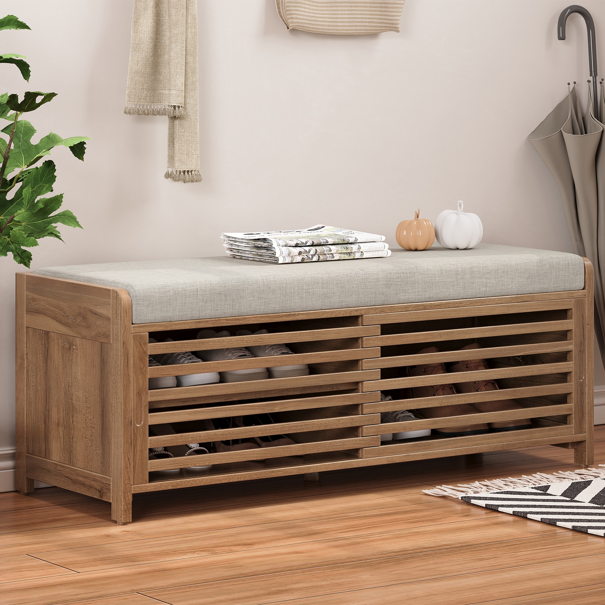 ModernLuxe N715P196968N Shoe Bench with Storage and Cushion Distressed Shutter Storage Bench with Retro Charm for Living Room Entryway White Washed