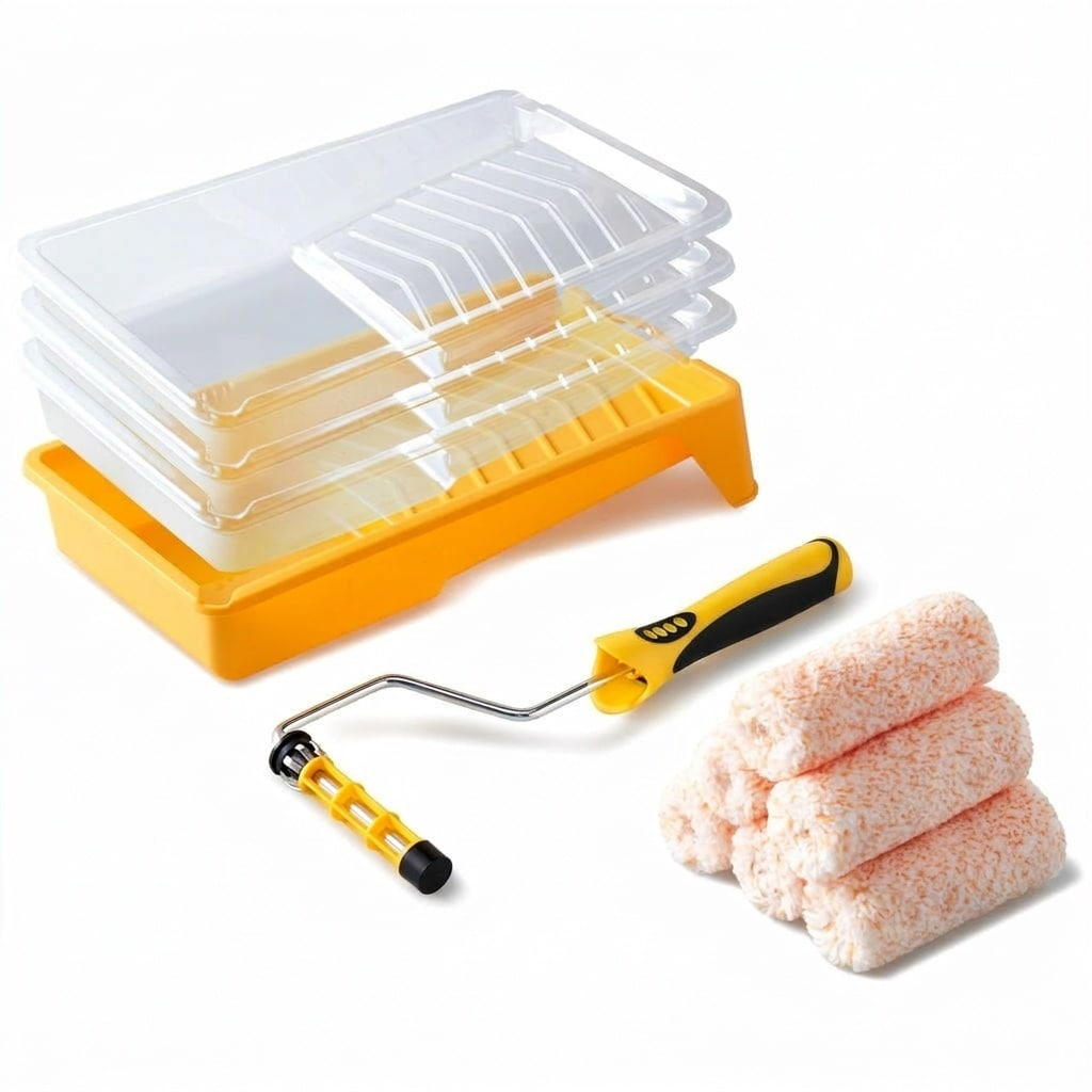 Phyfalip  Microfiber Paint Roller Kit 4 Inch Paint Roller Frame with Tray Six Covers Three Disposable Liners Smooth Finish for Doors Cabinets