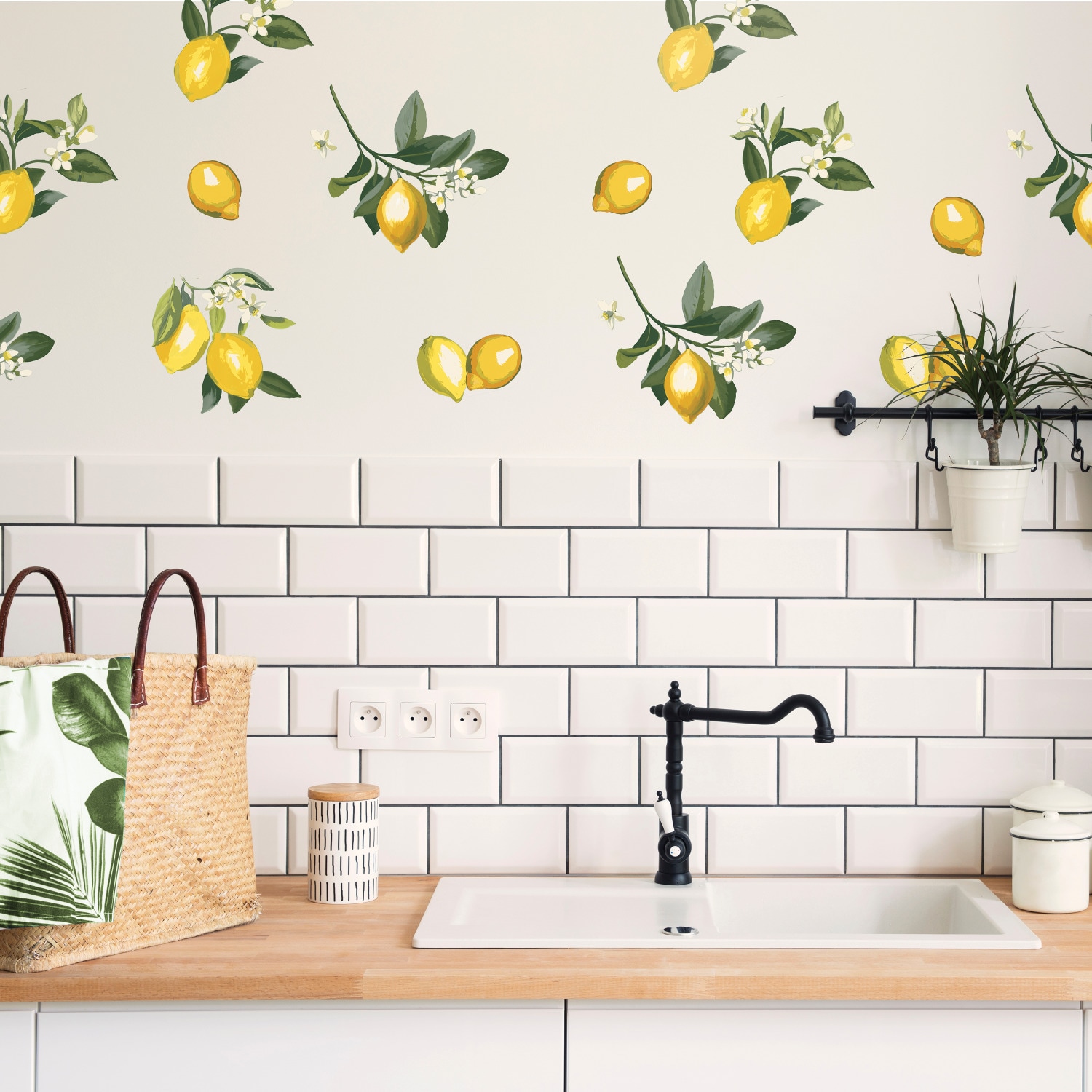 Lemon Peel and Stick Giant Wall Decals with Green Leaves
