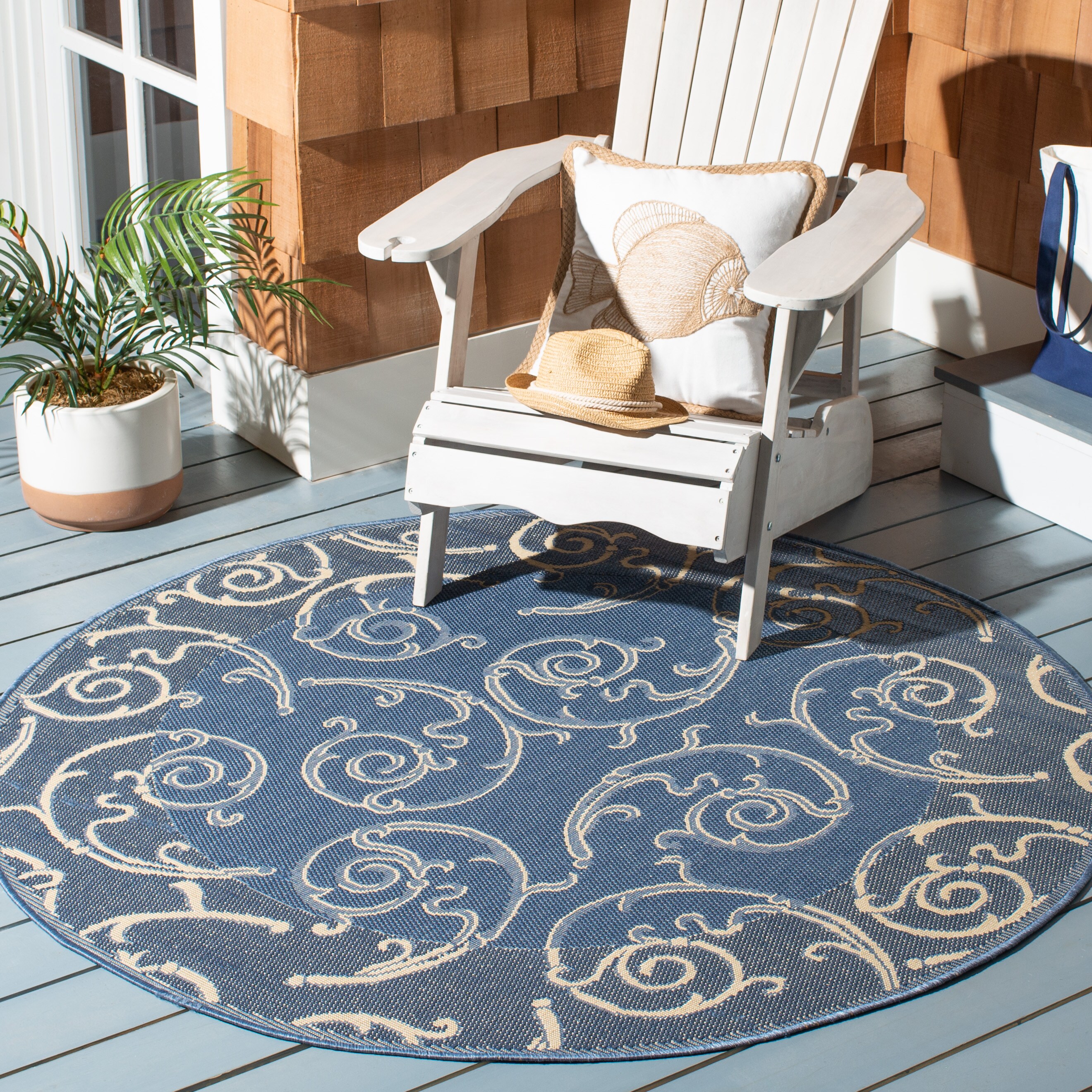Safavieh CY2665-3103-8R Courtyard Scrolls 8 x 8 (ft) Loomed Polypropylene Blue/Natural Round Indoor/Outdoor Border Area rug