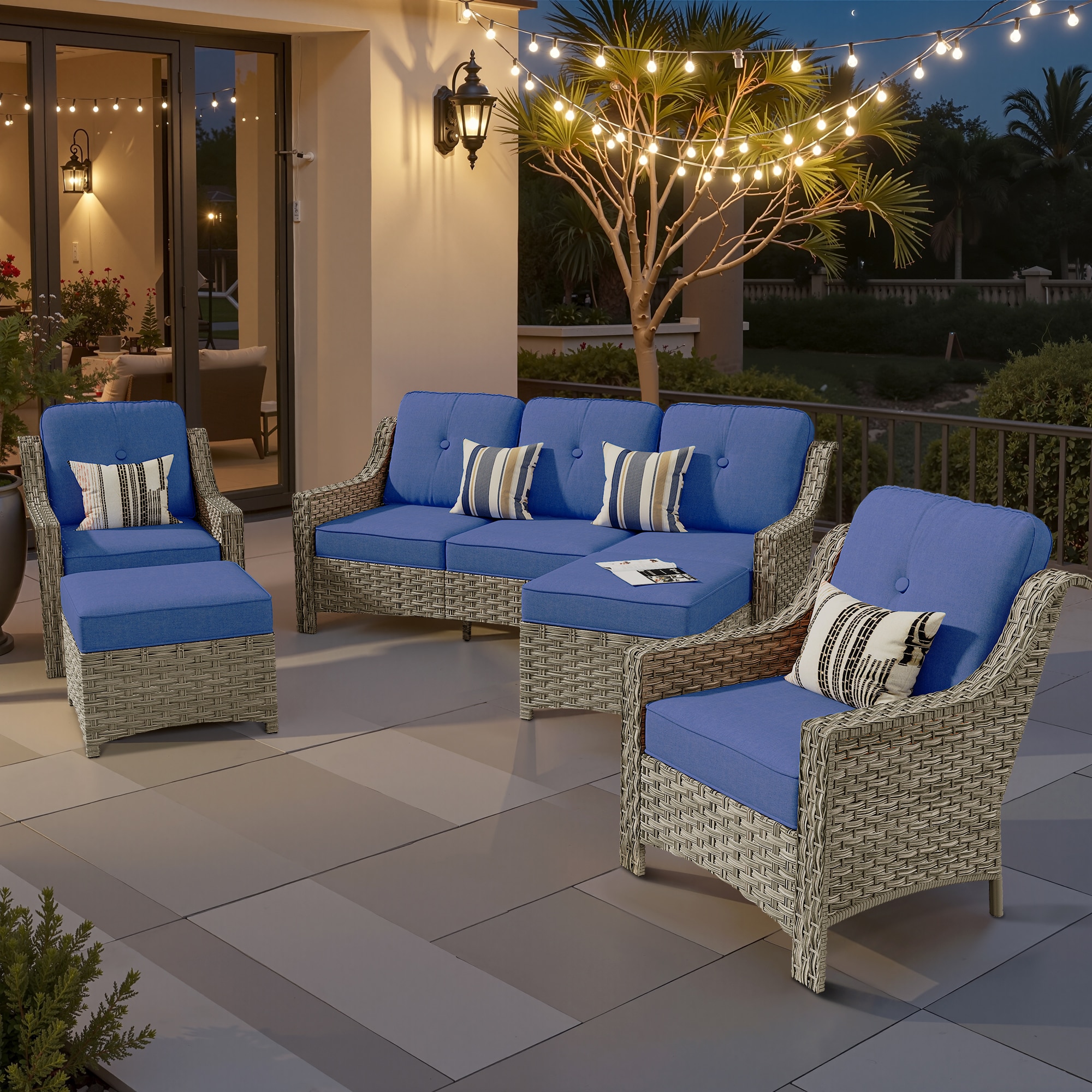 XIZZI XIPAD7053 Pyrophyllite 5 -Piece Rattan Patio Sofa Conversation Set with Navy Cushions