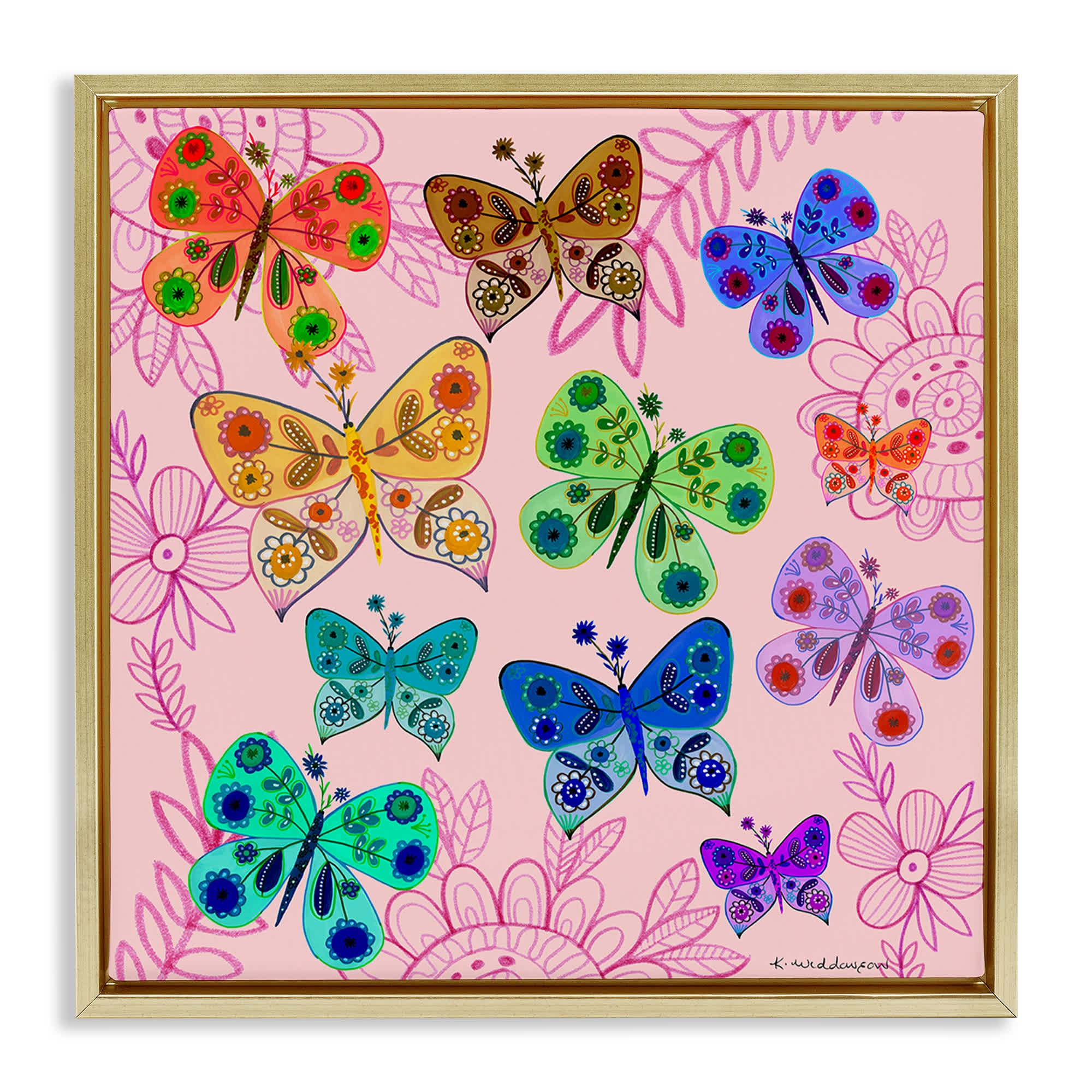 Stupell Industries BS-595-FFG-17X17 Bright Patterned Butterflies Gold Framed Floater Canvas Wall Art By Kay Widdowson 18 x 18
