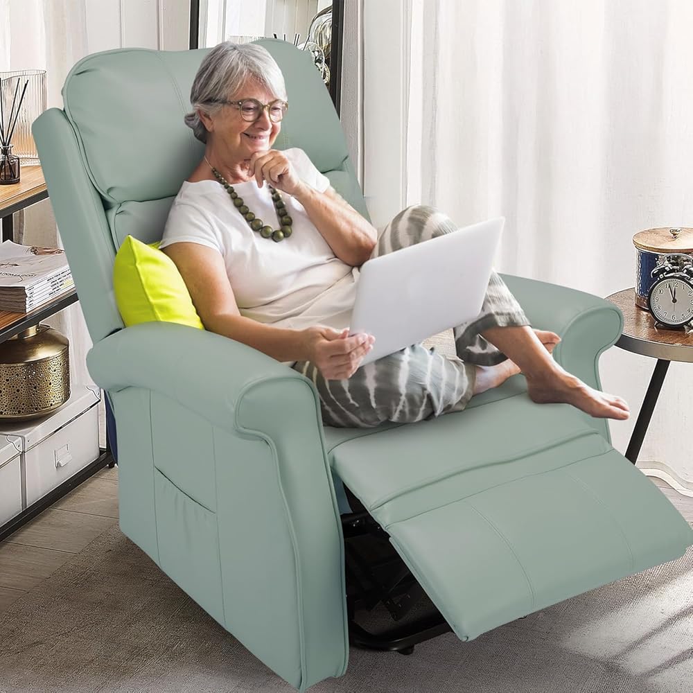 AECOJOY 13079UGN-LS01 Mint Green Leather Upholstered Powered Reclining Recliner with Lift Assistance