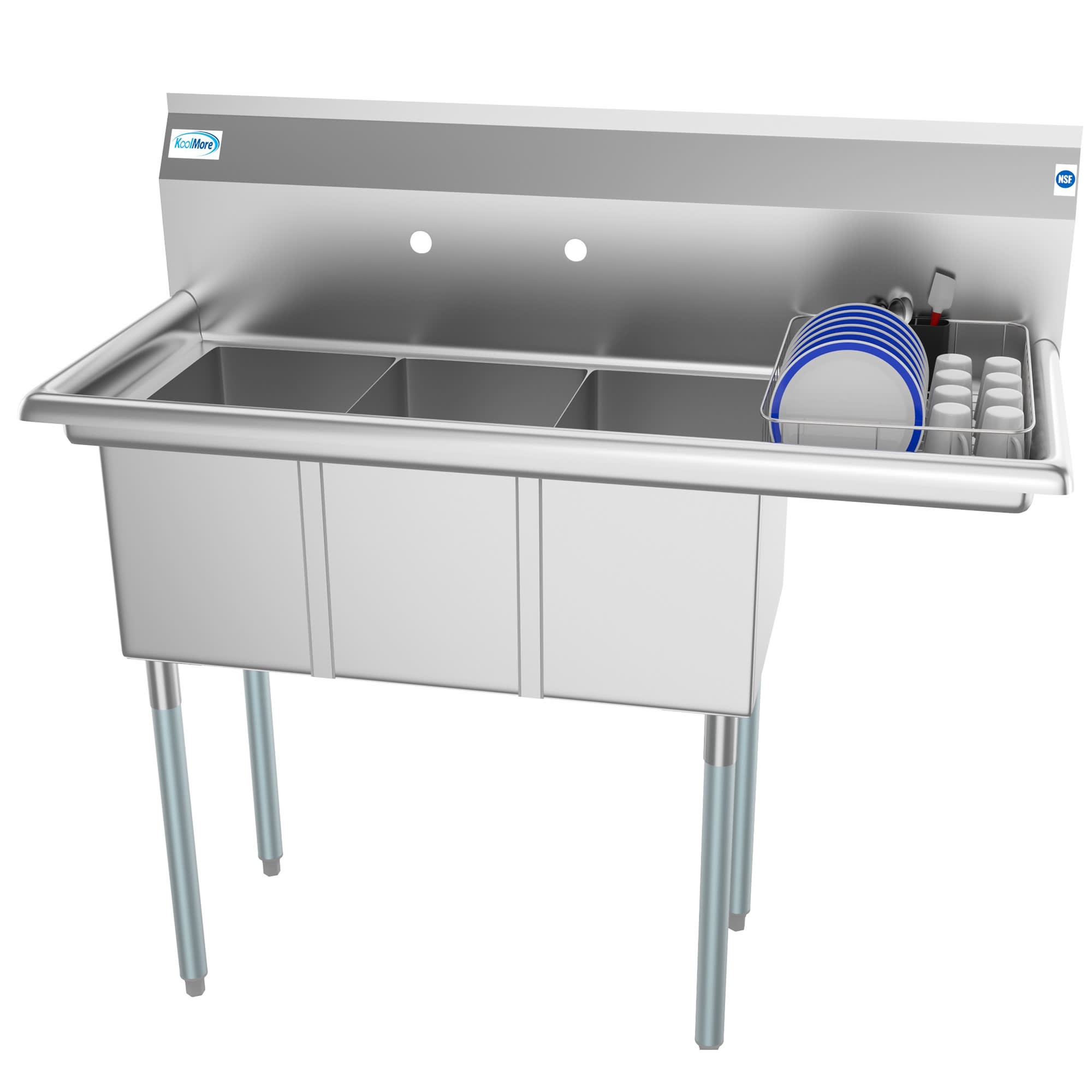 KoolMore 45 in. Three Compartment Stainless Steel Commercial Sink with Drainboard Bowl Size 10 x 14 x 10 in.