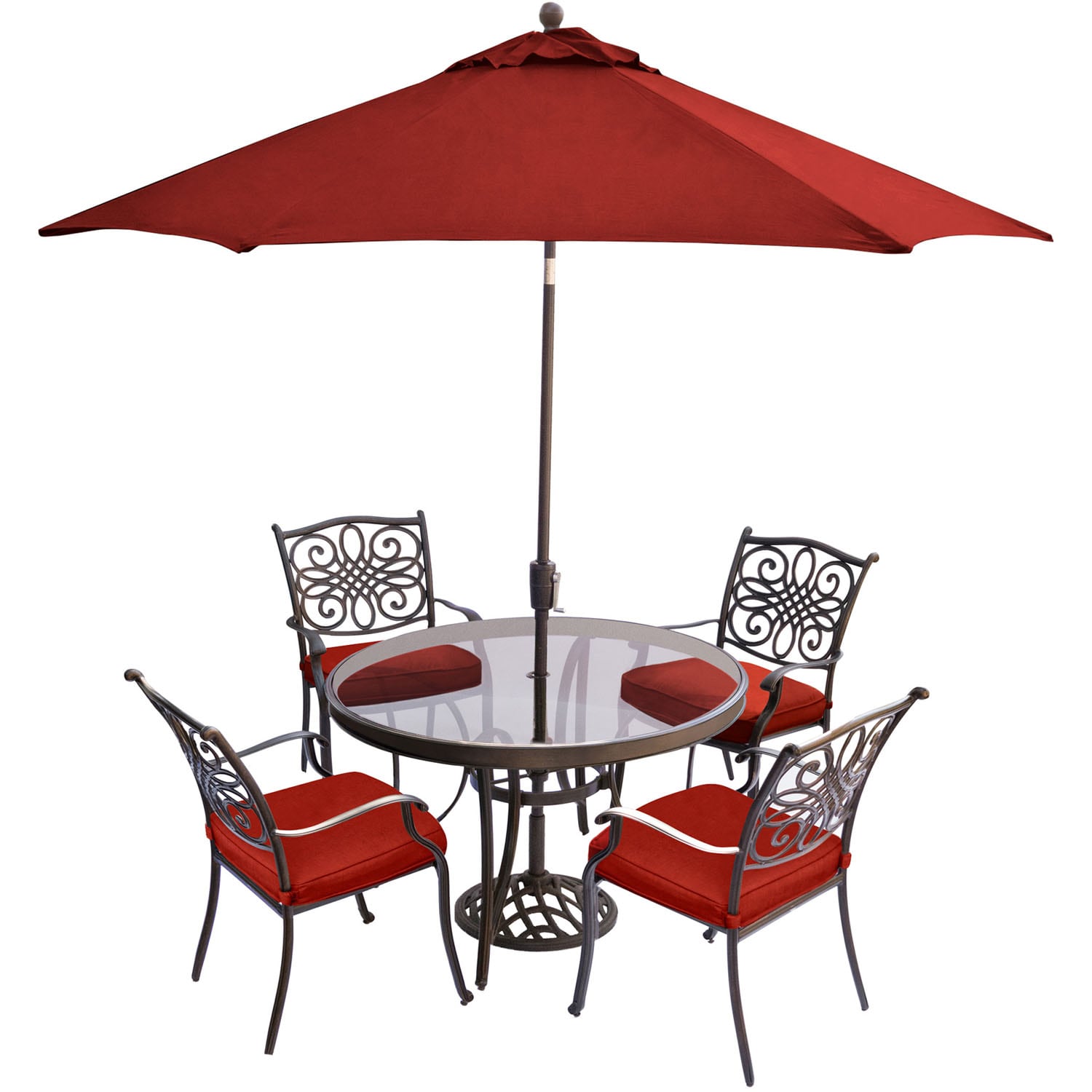 Hanover TRADDN5PCG-SU-R Traditions 5-Piece Bronze Patio Dining Set with Red Cushions
