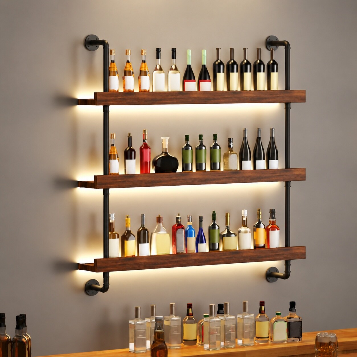 KIWDZFU Large Wine Rack Wall Mounted with LED Light Solid Wood Bar ...