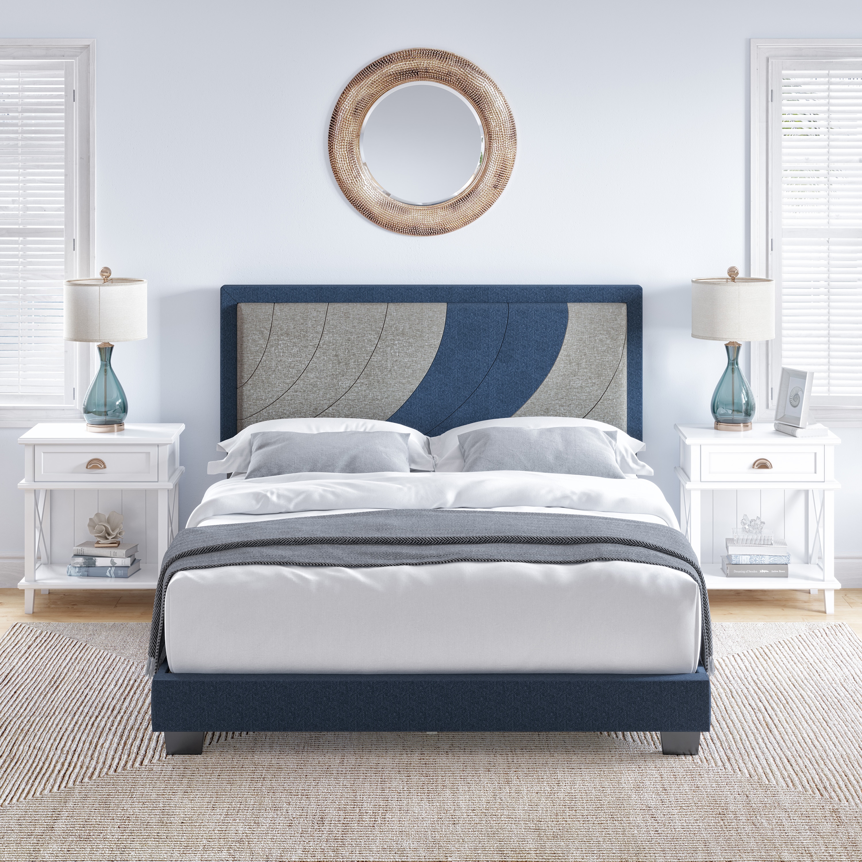 Boyd Sleep HC202703401 Sail Away Linen Upholstered Platform Bed Frame with Headboard- Sturdy 14 Slat Wood Support System- No Box Spring Required