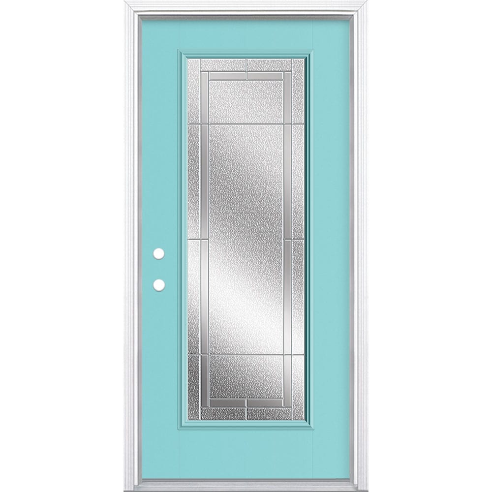 Masonite 3420130 Focus 36-in x 80-in x 4-9/16-in Fiberglass Full lite Right-hand inswing Caribbean Blue Painted Prehung Front Door with Brickmould Insulating core