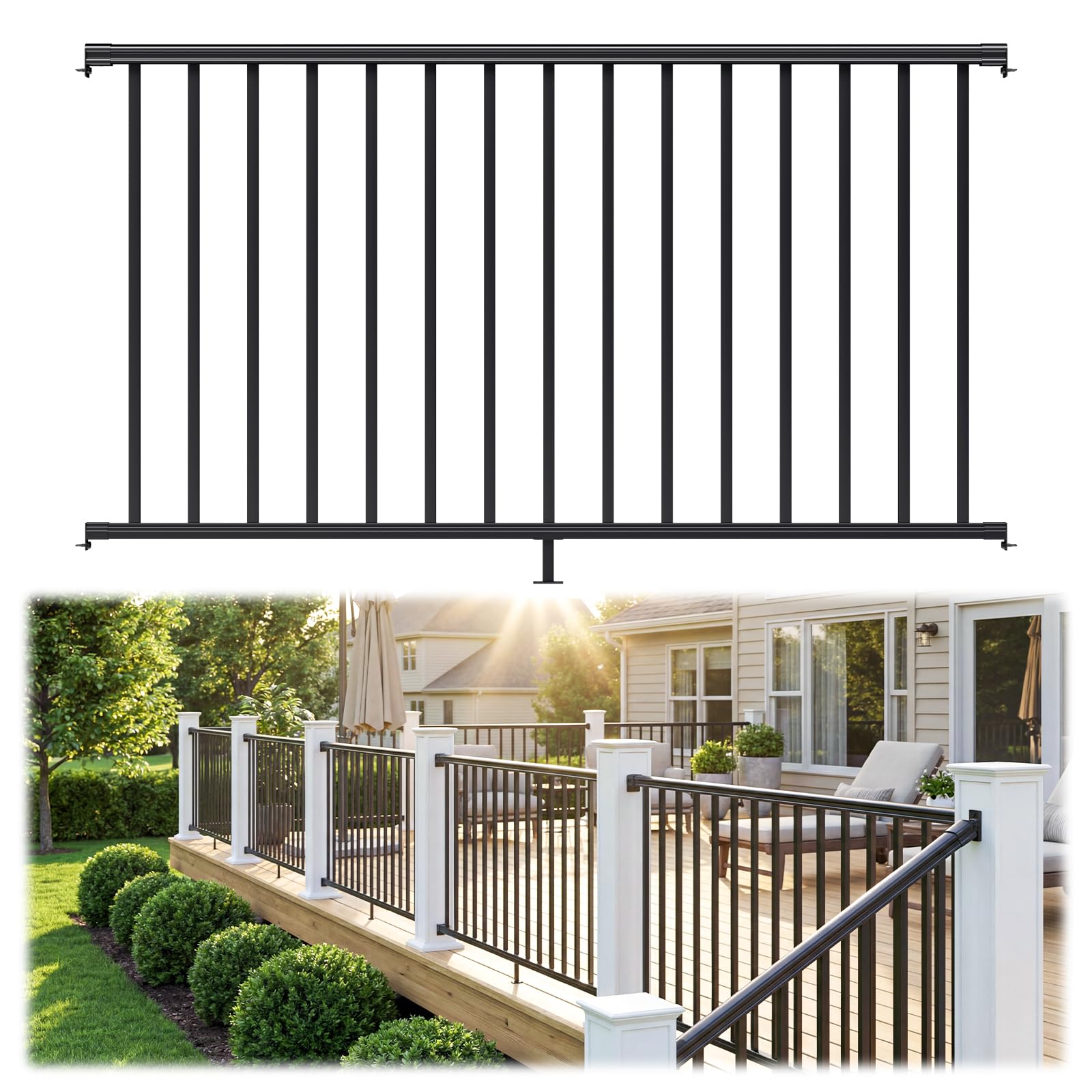 Misopily  1 Pack 36 in H x 6 ft W Black Aluminum Porch and Deck Railing Kit Without Post Modular Rail System Powder Coat Finish for Outdoor Decks