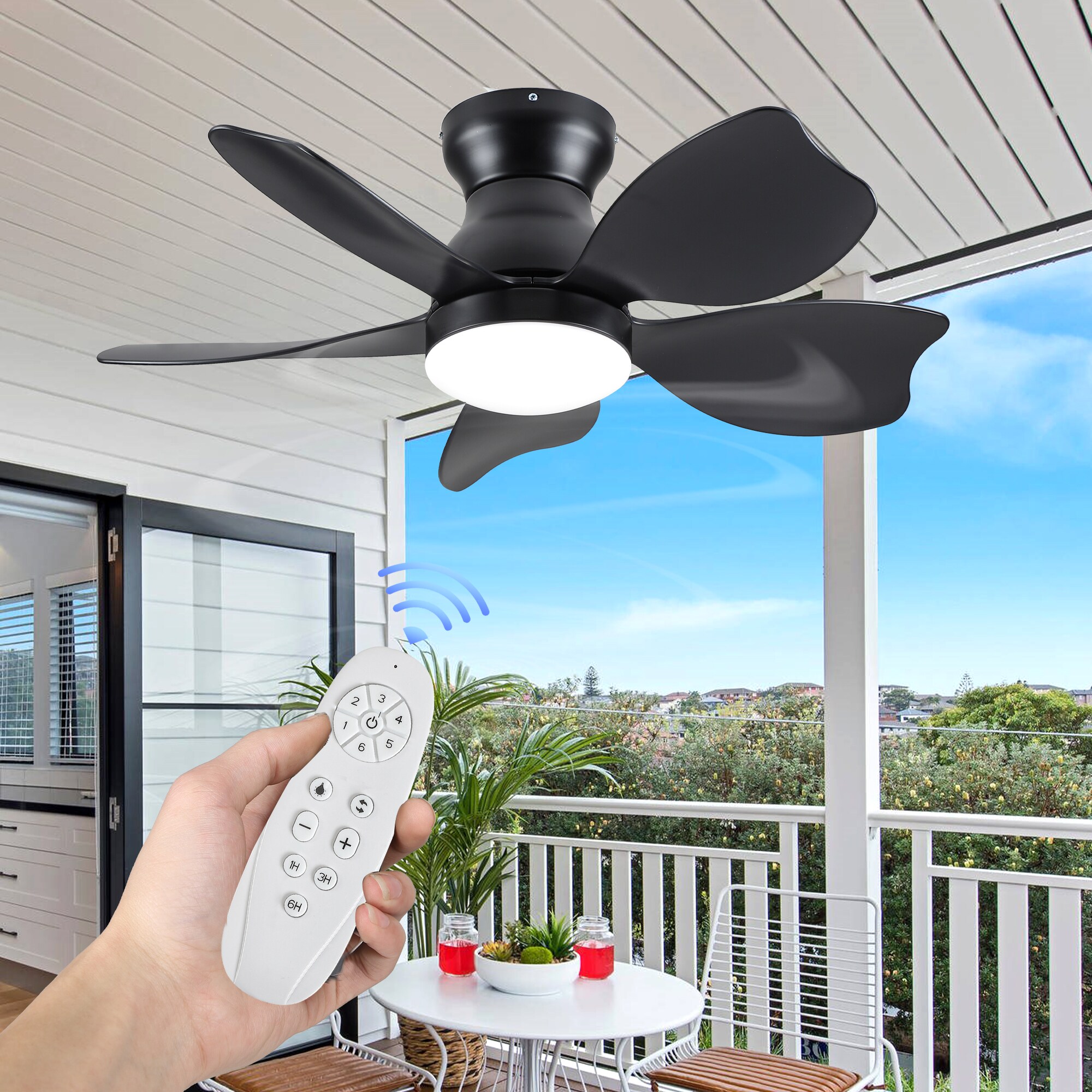 Sunrinx MG50-3-FSD YUHAO 30-in Color-Changing Integrated LED Outdoor Flush Mount White with Black Blades Ceiling Fan With Light - Remote Included ( 5 -Blade )