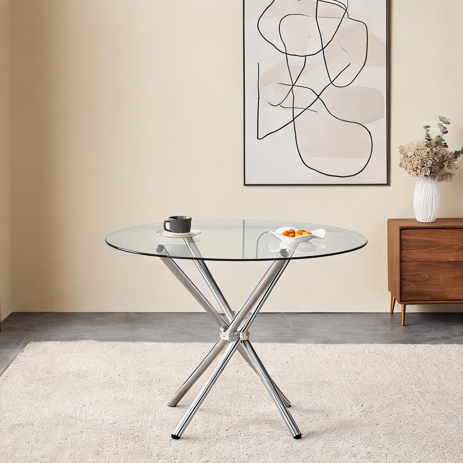 SunJet Clear Glass Round Dining Table with Sculptural Ring Silver Metal ...
