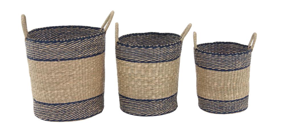 Grayson Lane 47348 Large Round Natural Seagrass Baskets with Handles and Navy Stripes Set of 3: 15-in x 20-in 13-in x 17-in 11-in x 15-in