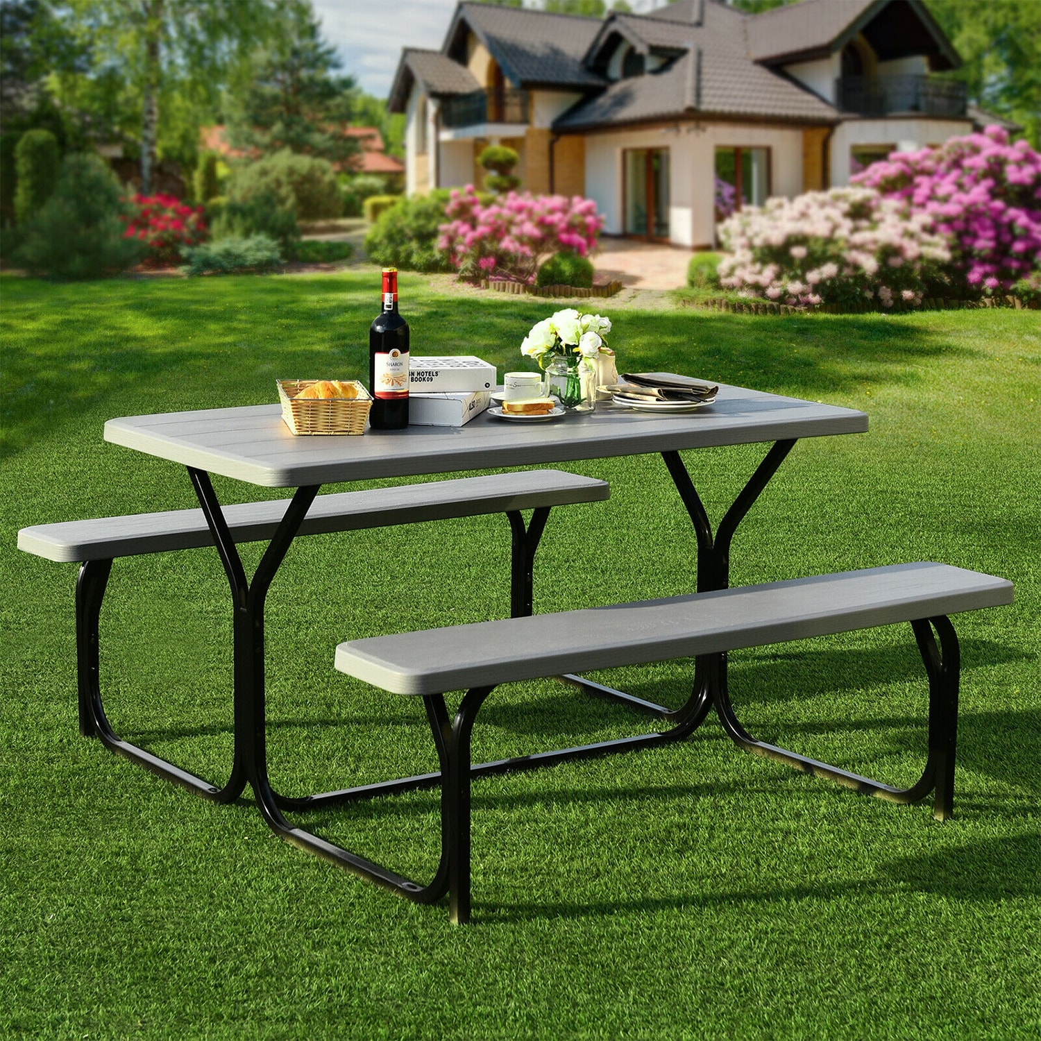 Forclover Picnic Tables Gray Patio Dining Set in the Patio Dining Sets ...