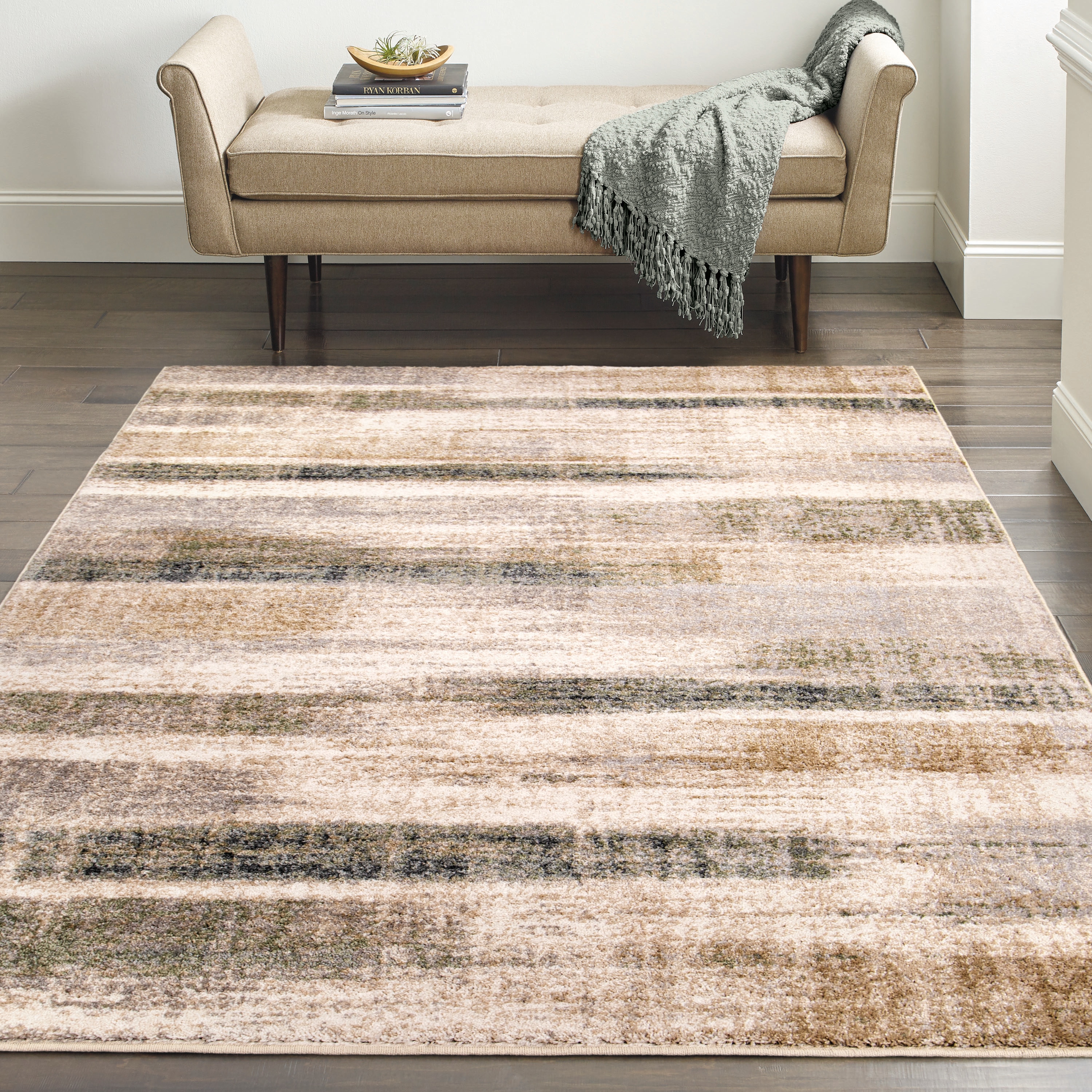 allen + roth with STAINMASTER Davis 7 X 9 (ft) Beige Indoor  Floral/Botanical Area Rug in the Rugs department at