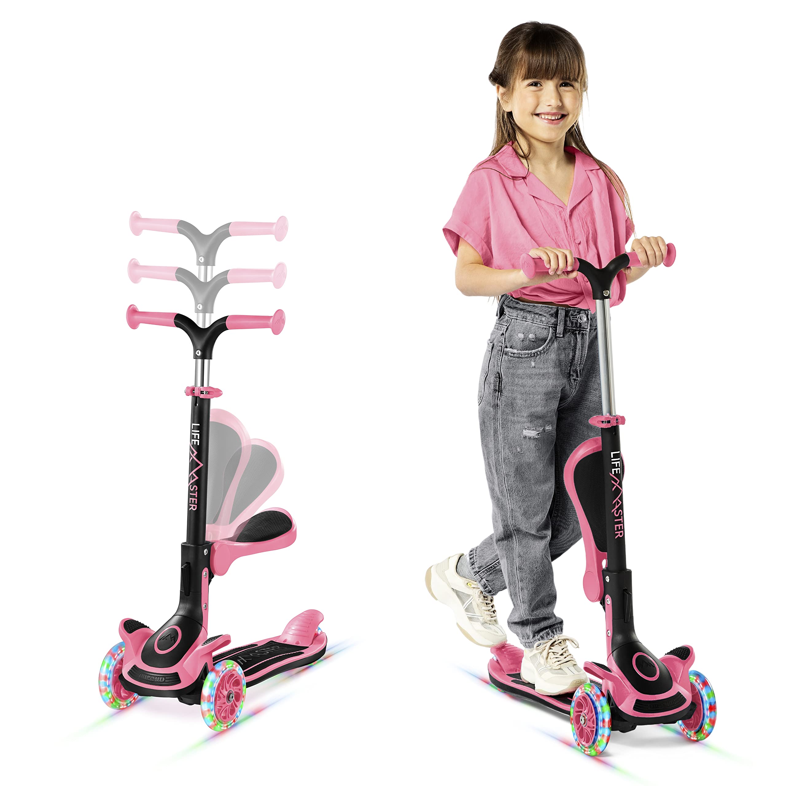 Life Master 3 Wheel Kids Scooter Foldable Seat Adjustable Handlebar Lean to Steer Ride On Toy Kids 2 Plus Light Up Wheels Wide Anti Slip Deck Indoor and Outdoor Use