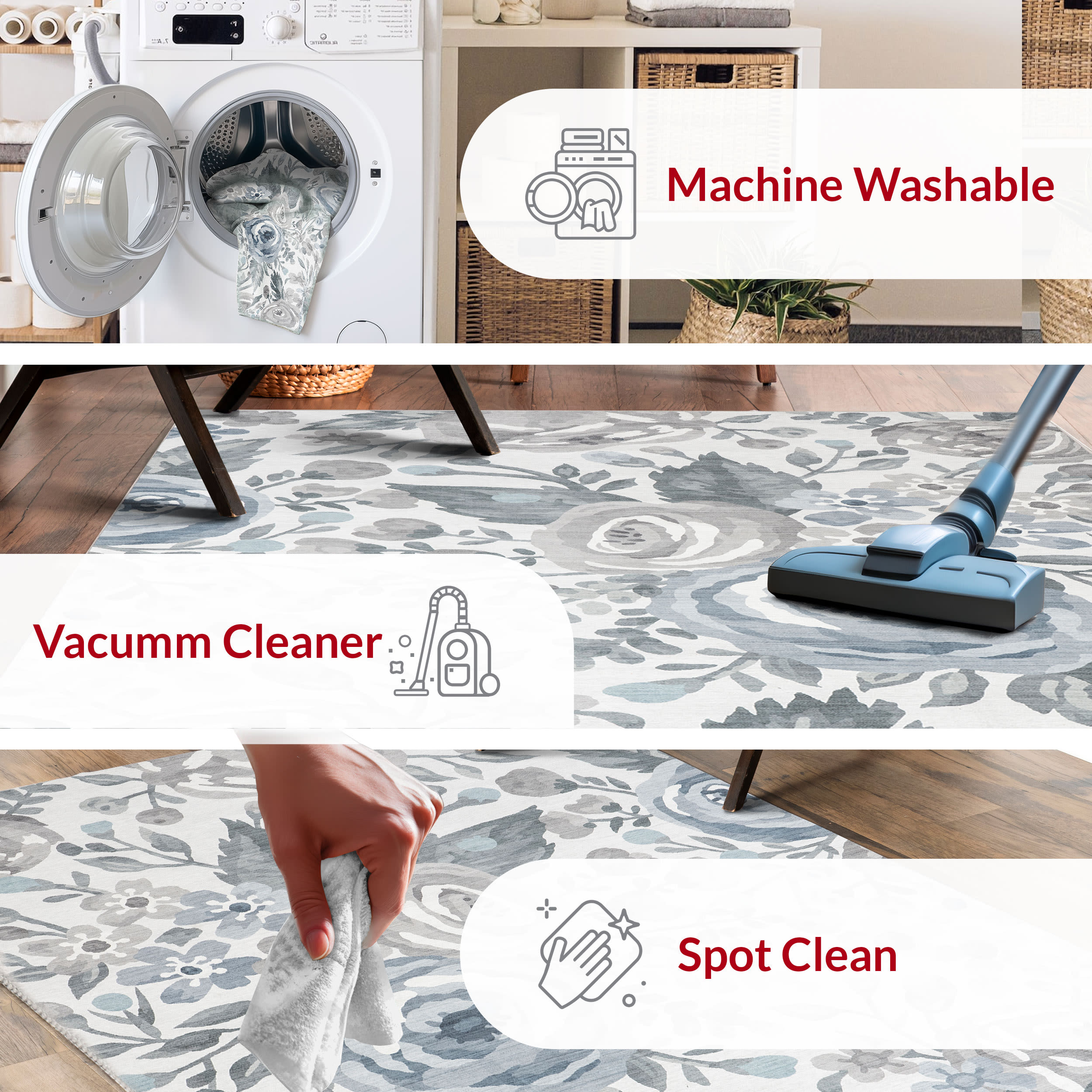 Gray Floral Washable Stain-Resistant Synthetic Area Rug 4' x 6'