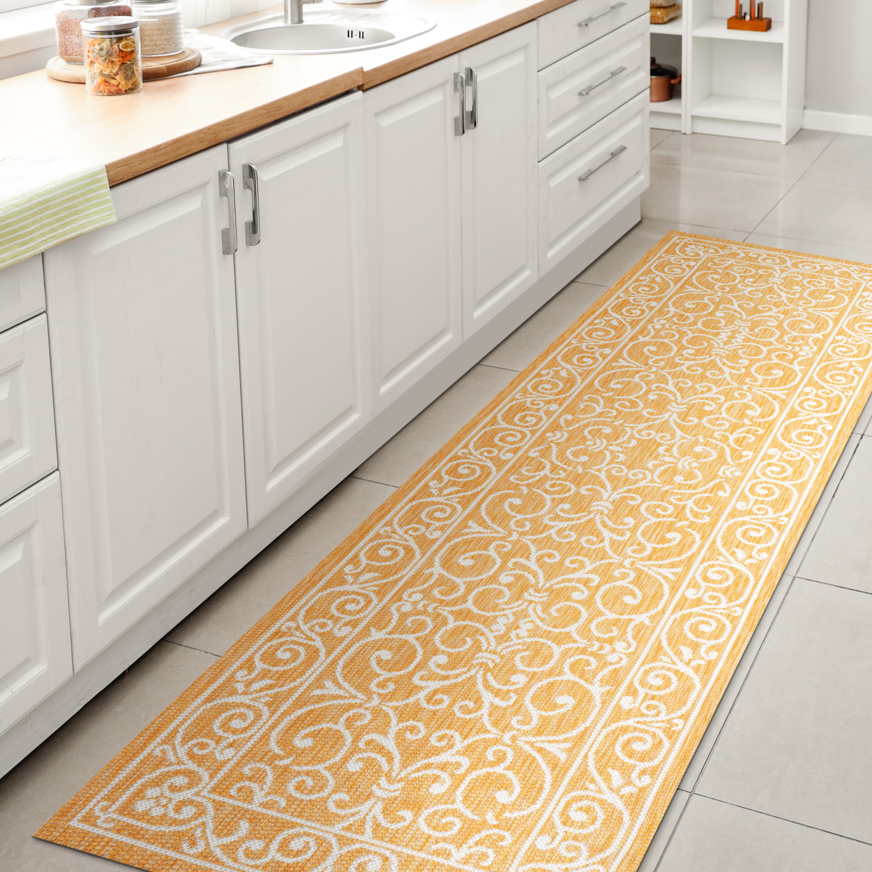 JONATHAN  Y SMB106L-28 Santa Monica Charleston Filigree Textured Weave 2 x 8 (ft) Loomed Polypropylene Yellow/Cream Rectangular Indoor/Outdoor Border French Country Runner rug