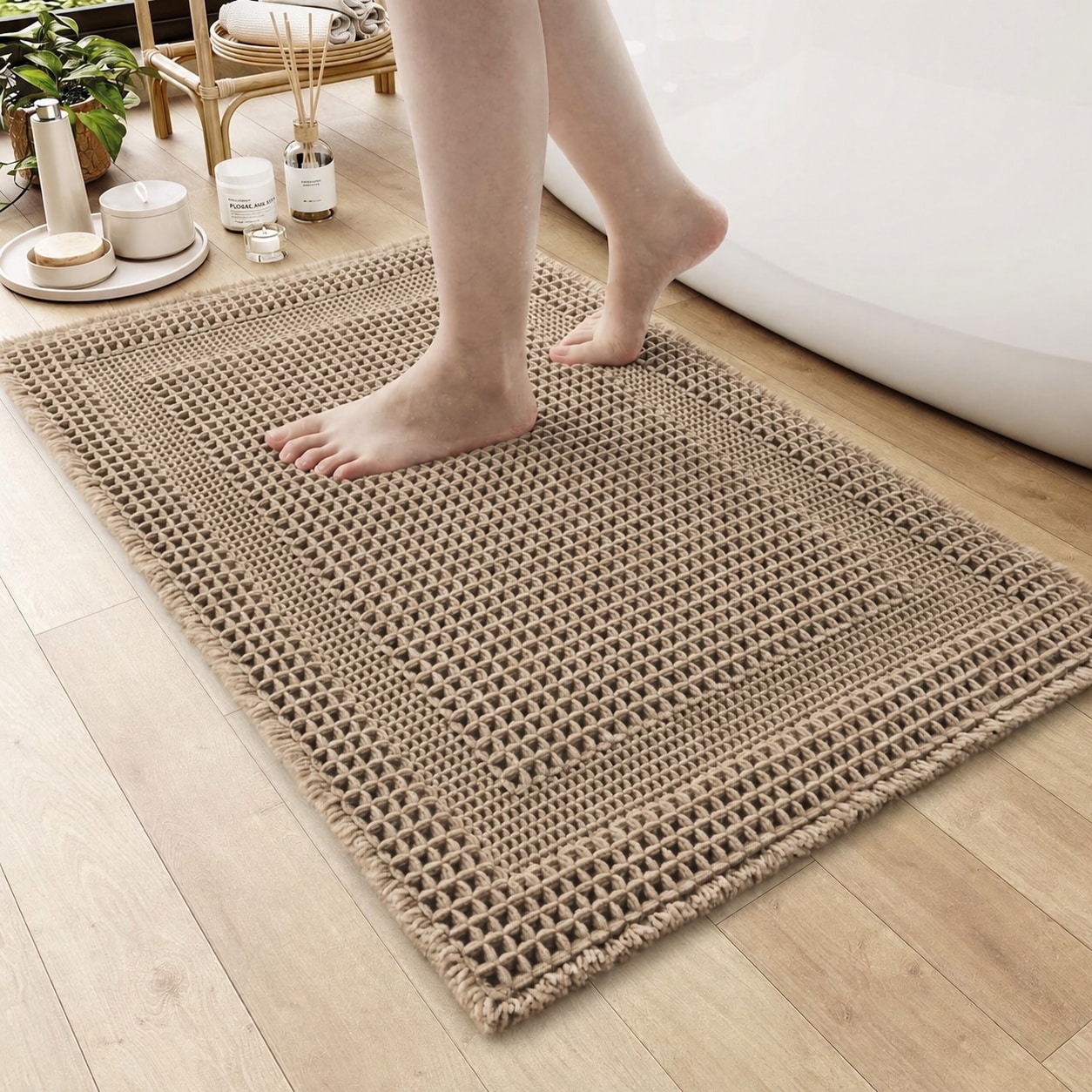 Yichuhaoxi  Waffle Bath Mat 24 x 36 Inch Super Absorbent Non Slip Machine Washable Ultra Soft Boho Bathroom Rug with Tassels for Floor Beige