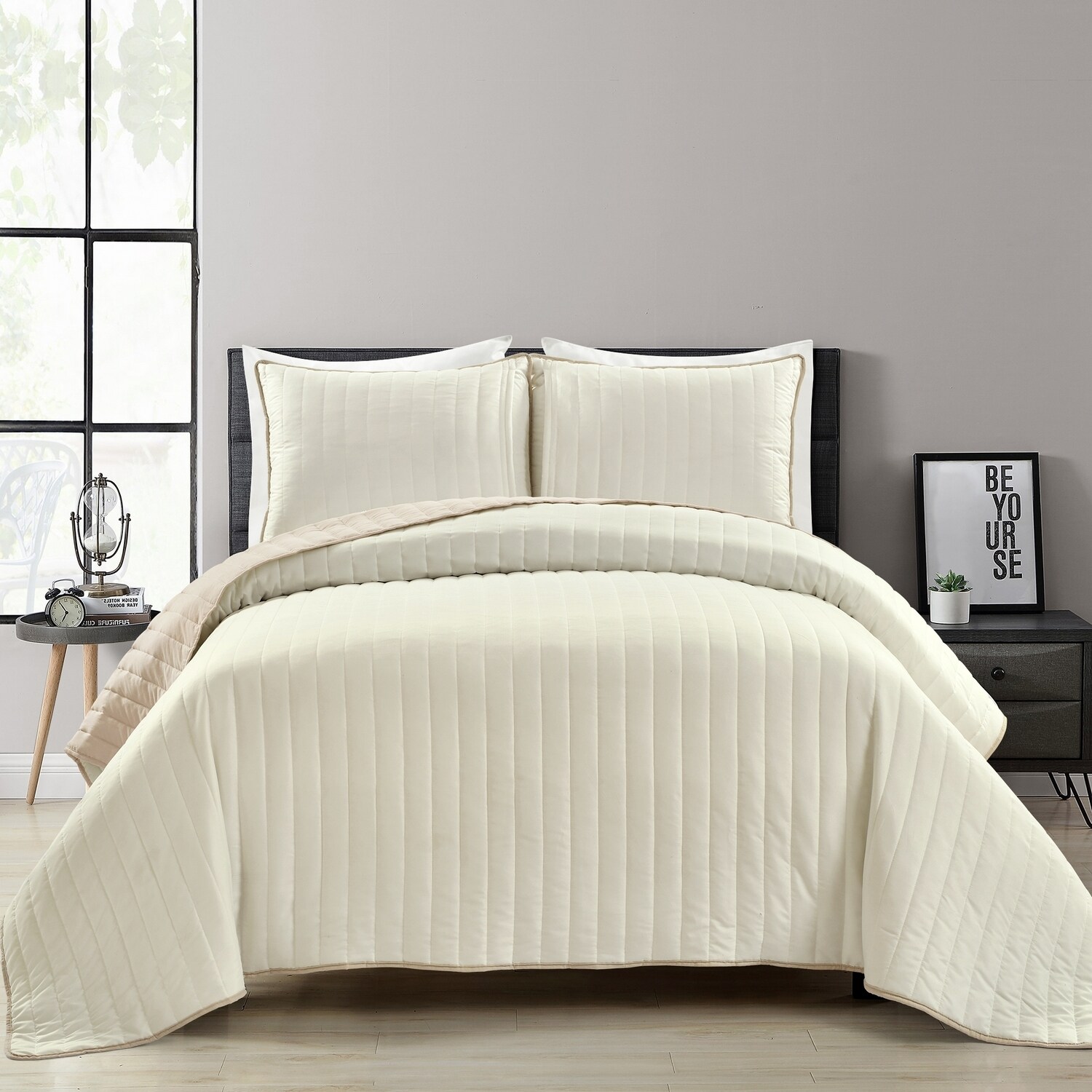 King Neutral Ivory Reversible Microfiber Quilt Set