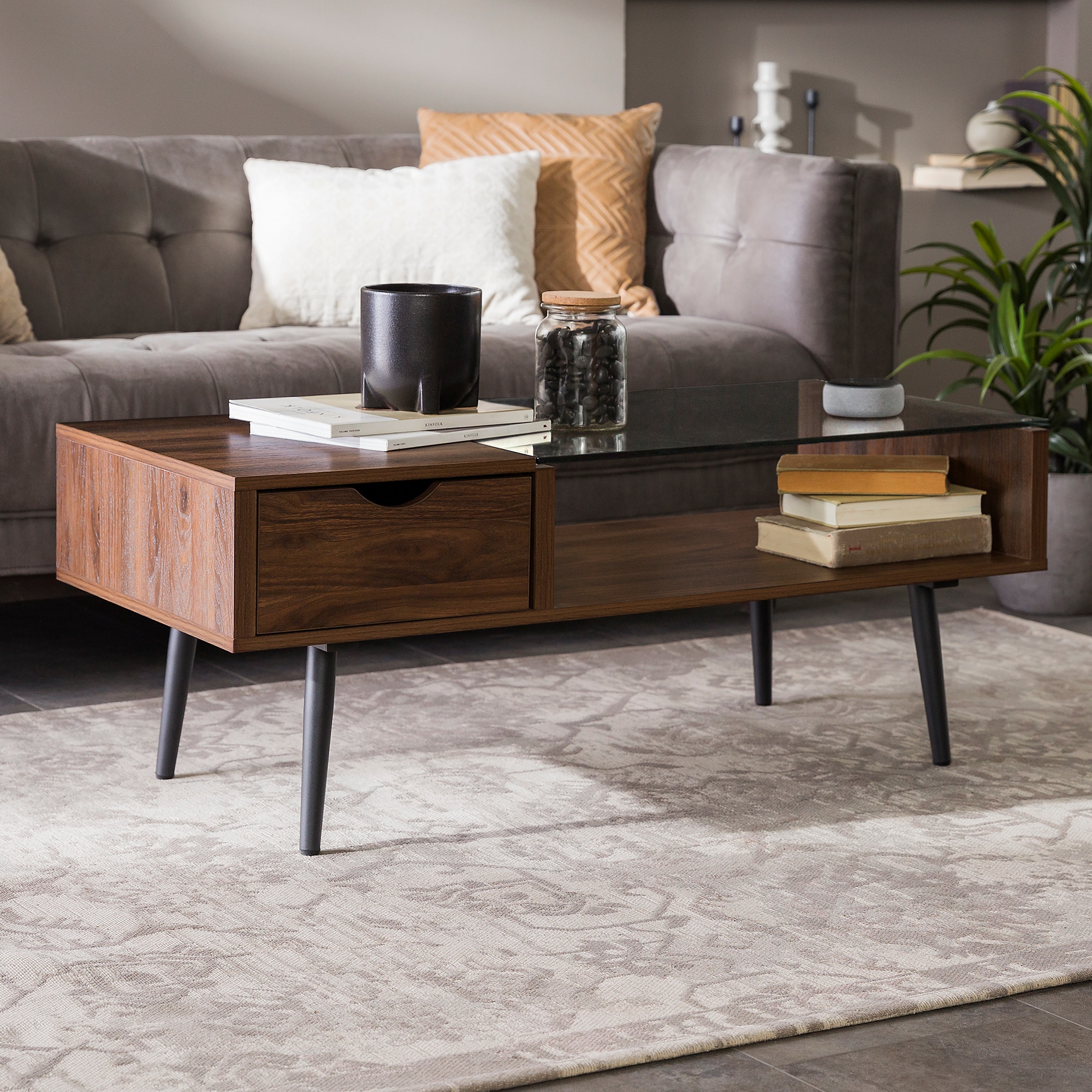 Walker Edison LWF42JMGLDW Dark Walnut/Glass Glass Midcentury Coffee Table with Storage