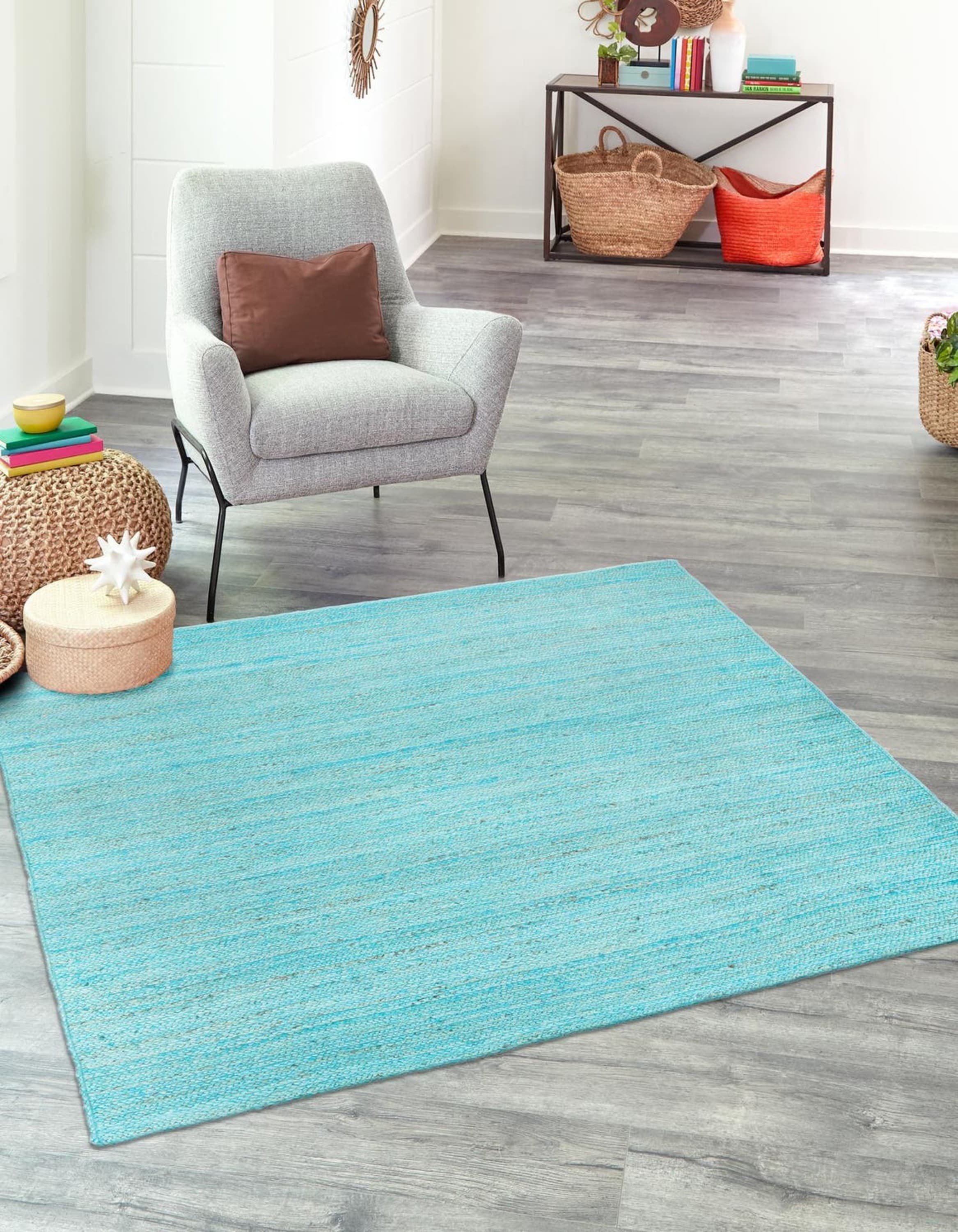 Unique Loom 3161113 Braided Jute 8 x 8 (ft) Braided Jute Turquoise Square Indoor Solid Area rug