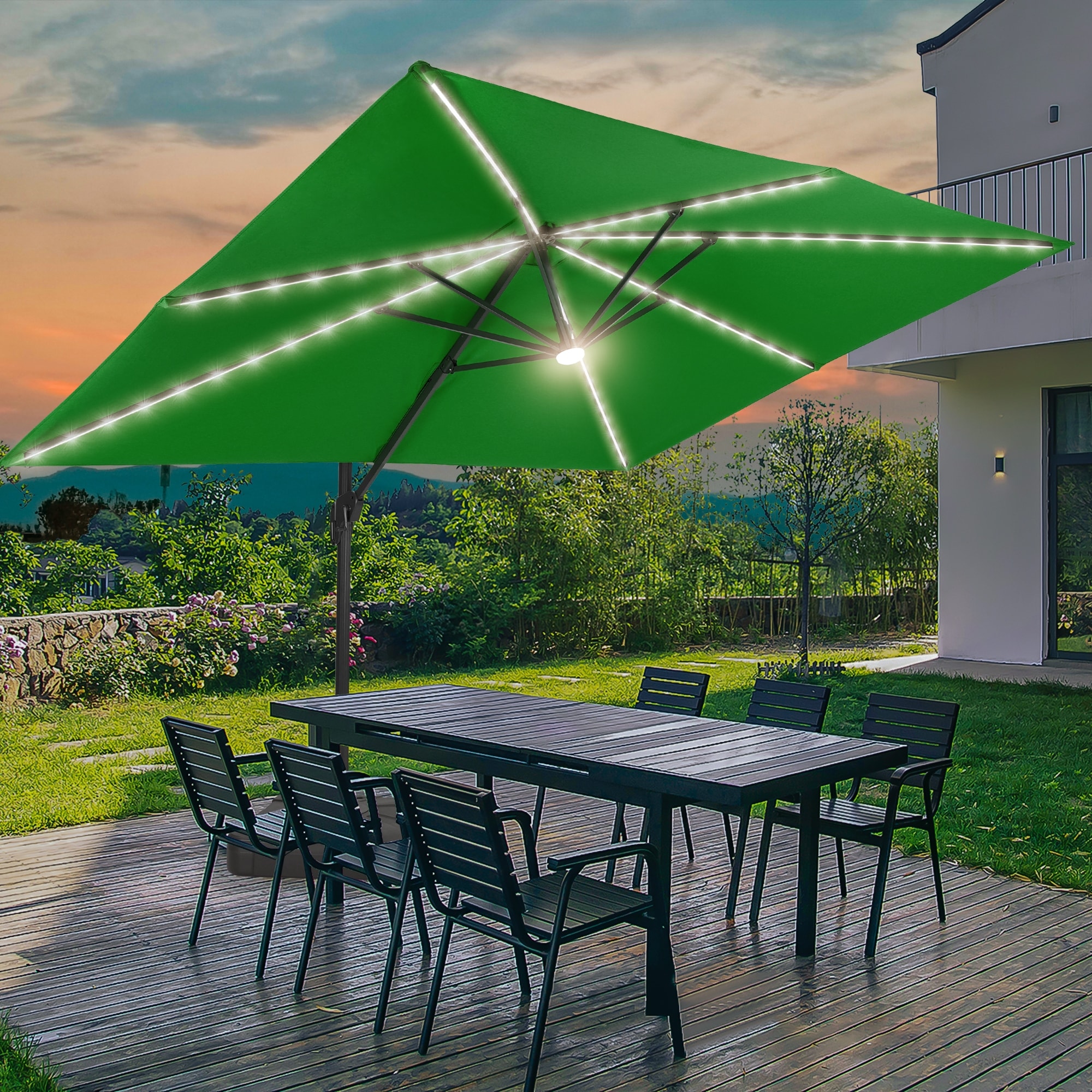 ACEGOSES LW-1159KG-LED-WB 11.5-ft Aluminum Green No-tilt Cantilever Patio Umbrella with Lights with Base