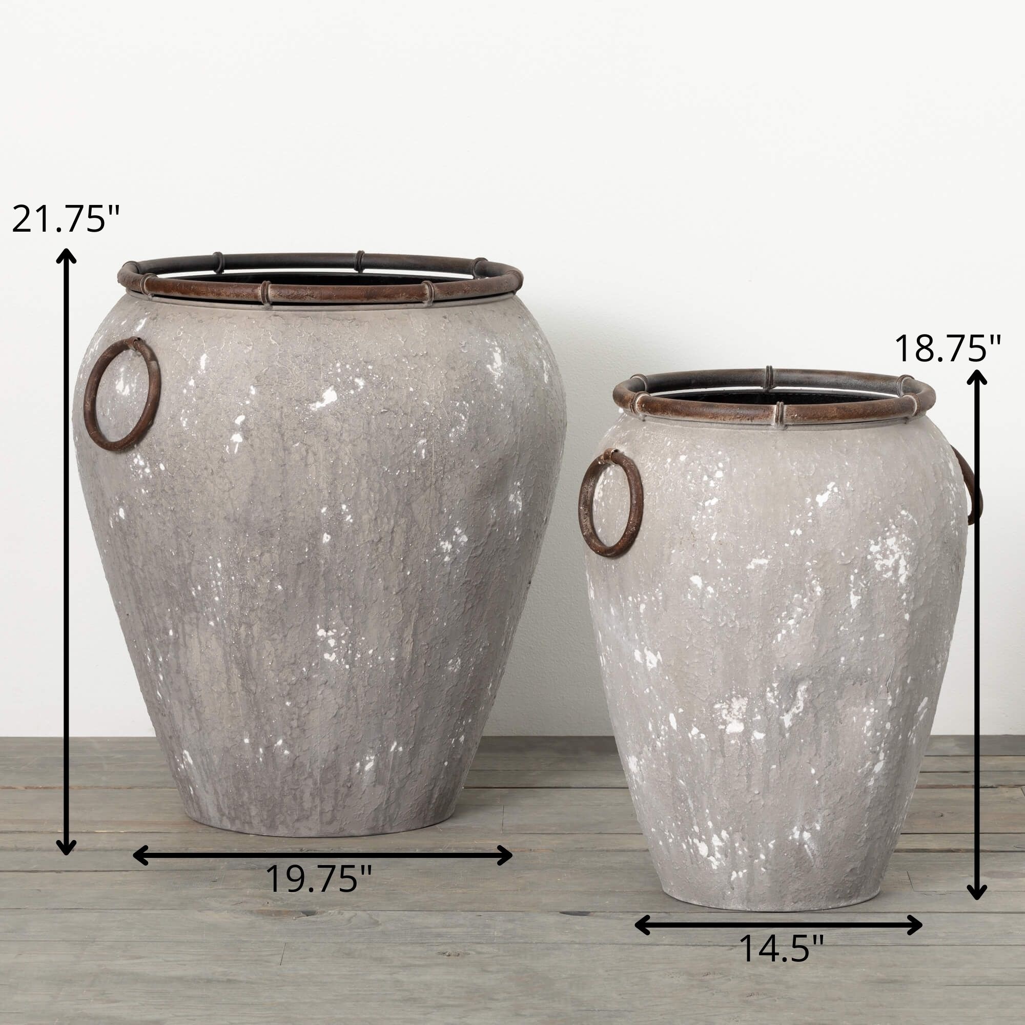 Rustic Gray Metal Urn Planter Set with Handles, 2-Pack