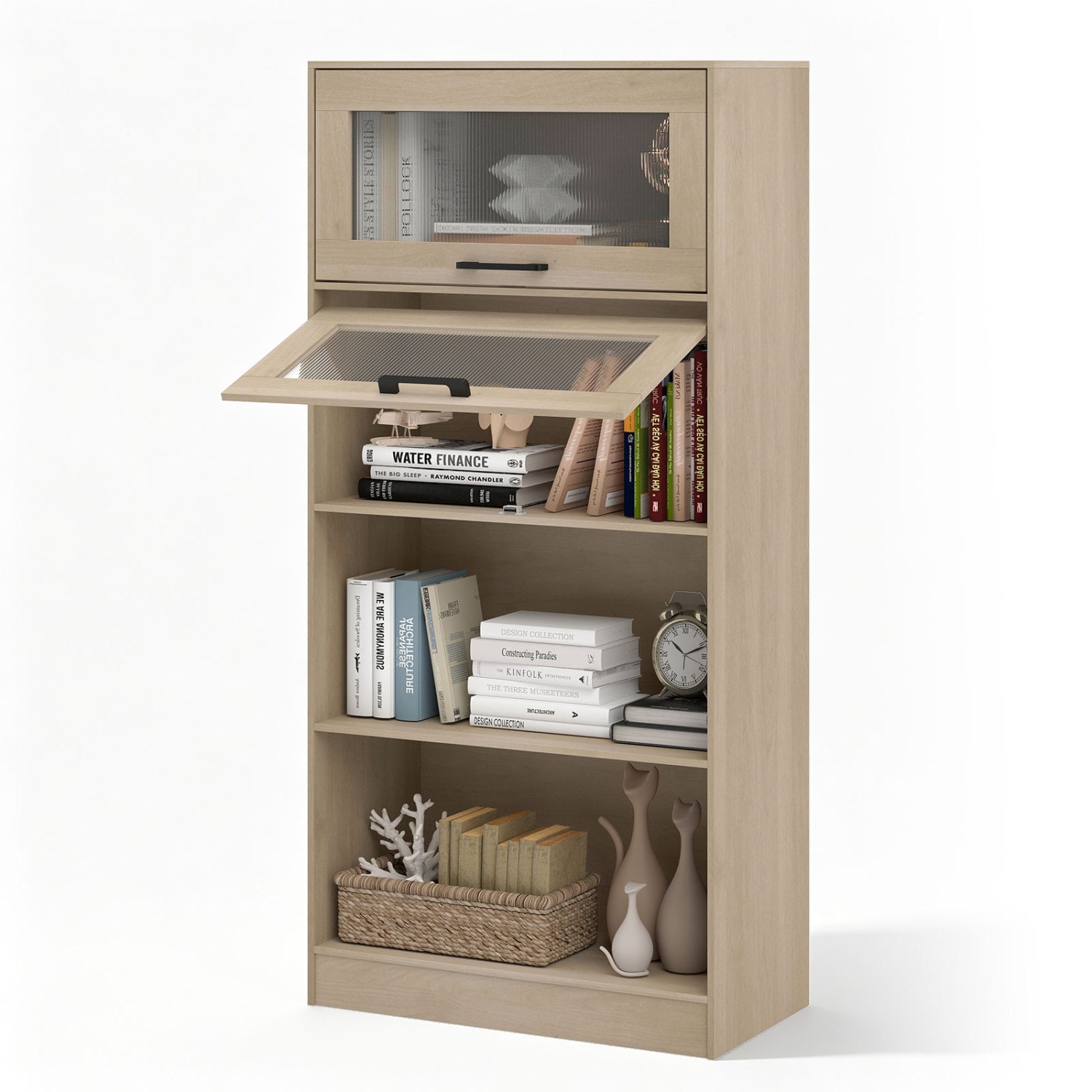Volenca - 4-Tier Bookshelf 62.5-in Tall with Flip-Up Doors and Transparent Panels