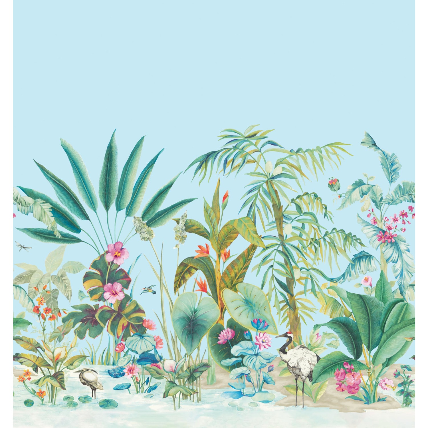 Blue Tropical Panoramic Wall Mural with Exotic Flora