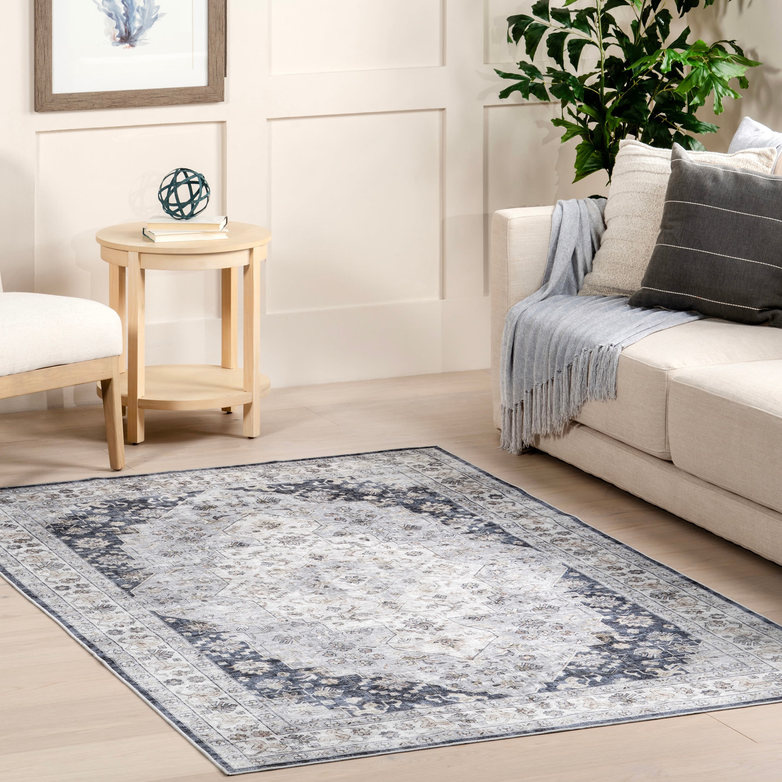 Casey Blue and Gray Synthetic Round Oriental Area Rug, 9' x 12'