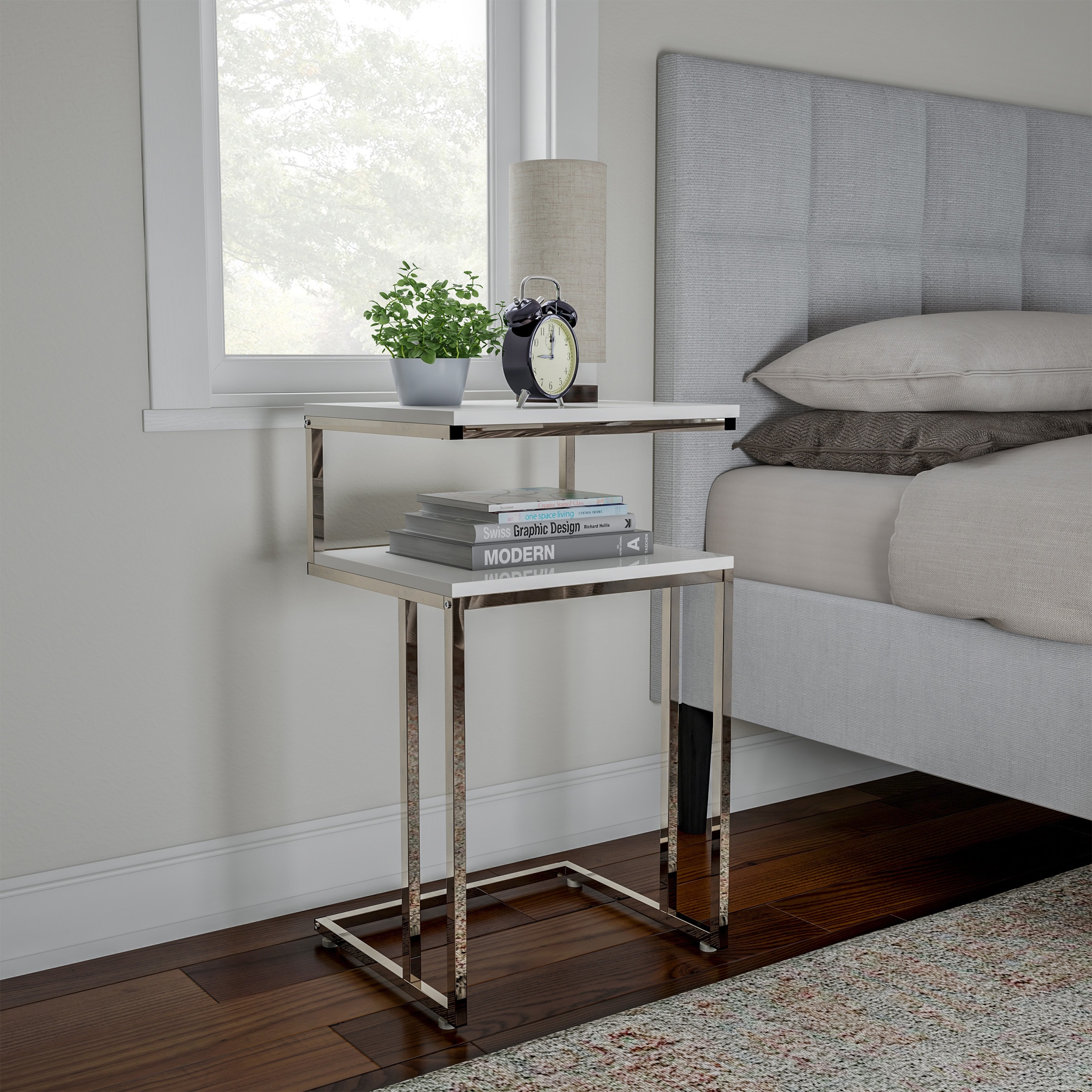 Hastings Home 432046GUE End Tables 16.5-in W x 27.75-in H White and Chrome Wood Rectangular Modern End Table Assembly Required