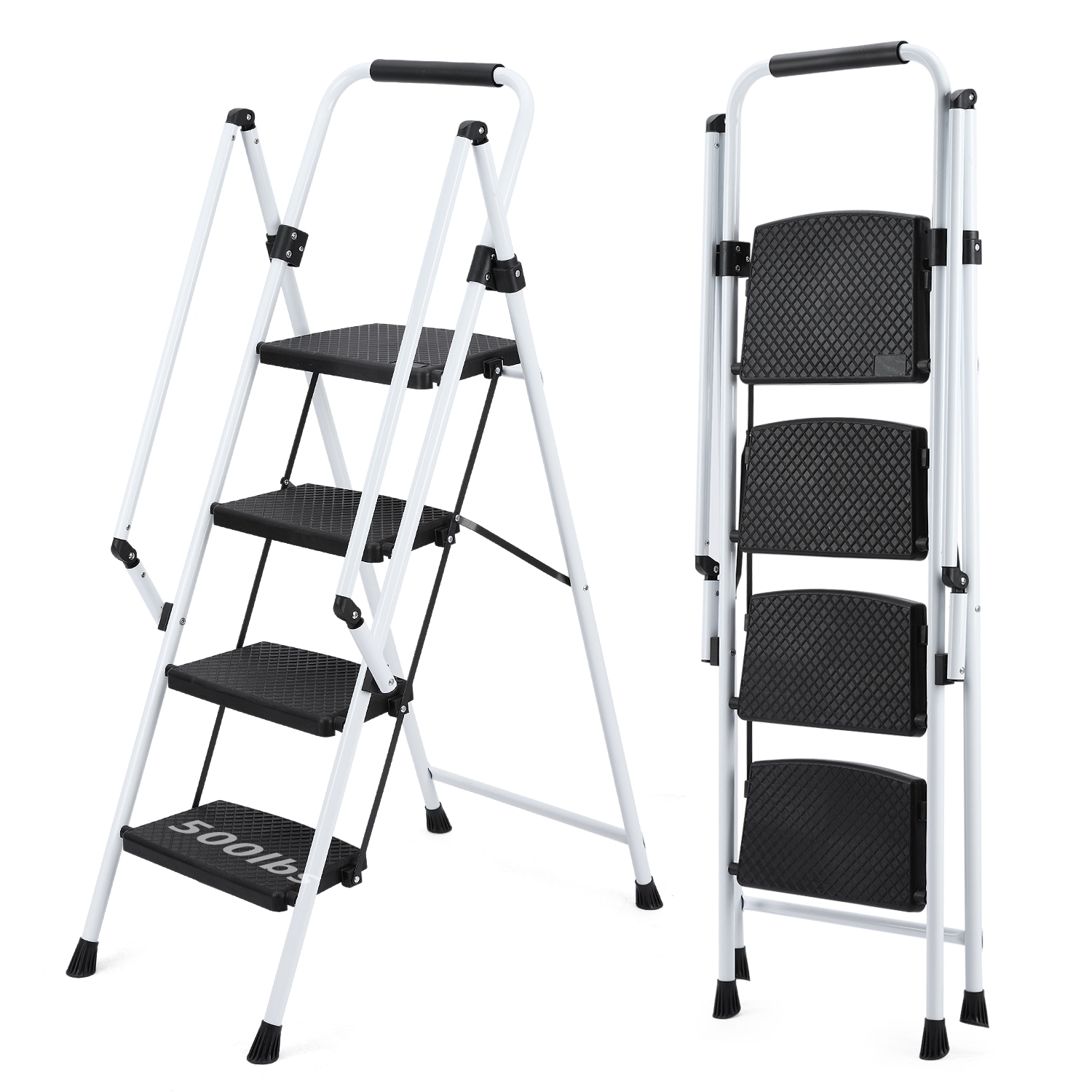 LOVMOR White four-step ladder light folding four-step stool wide anti-skid pedal and safety handle strong steel ladder #SF-L-W2717P239467