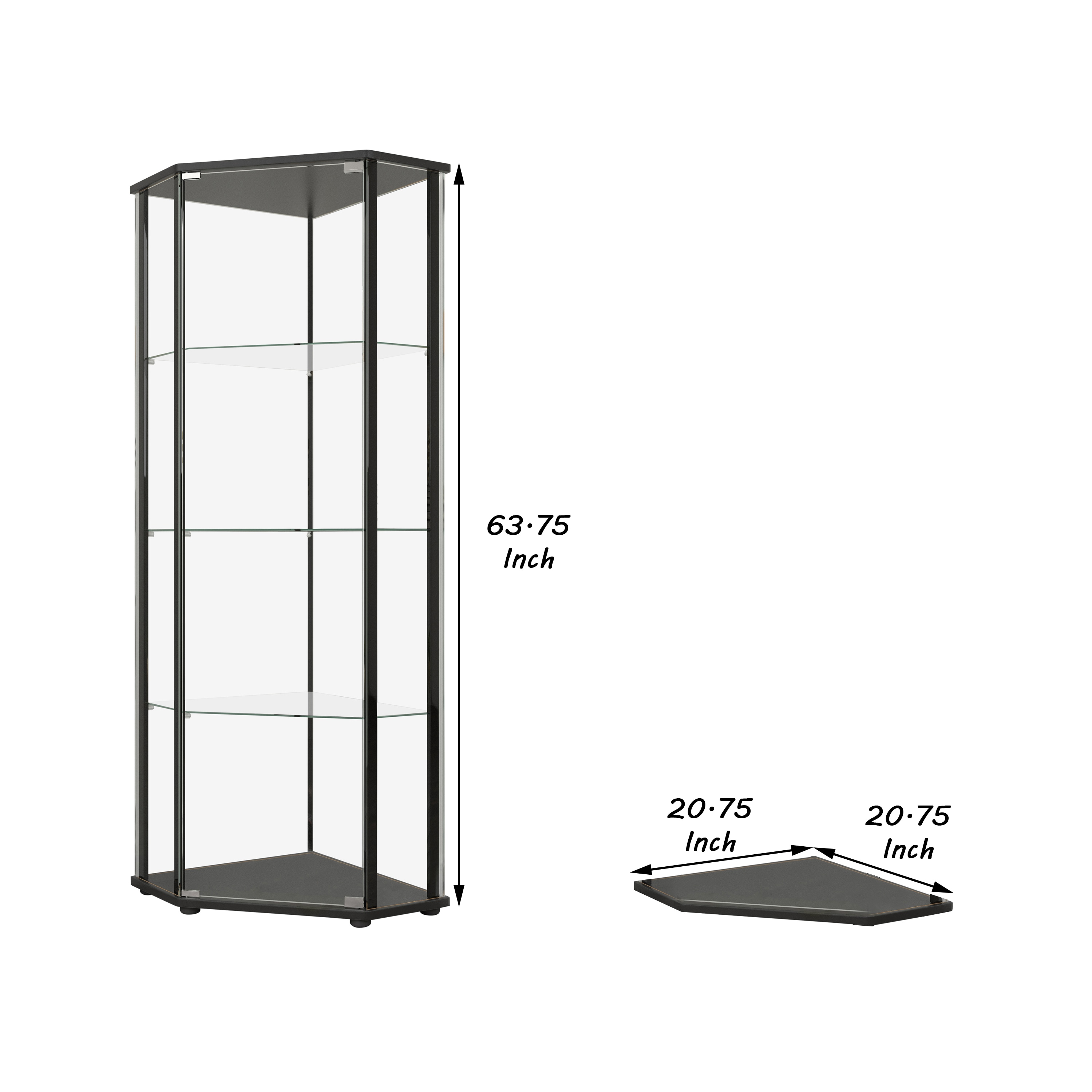 Contemporary Geometric Black Metal Curio Cabinet with Glass Shelves