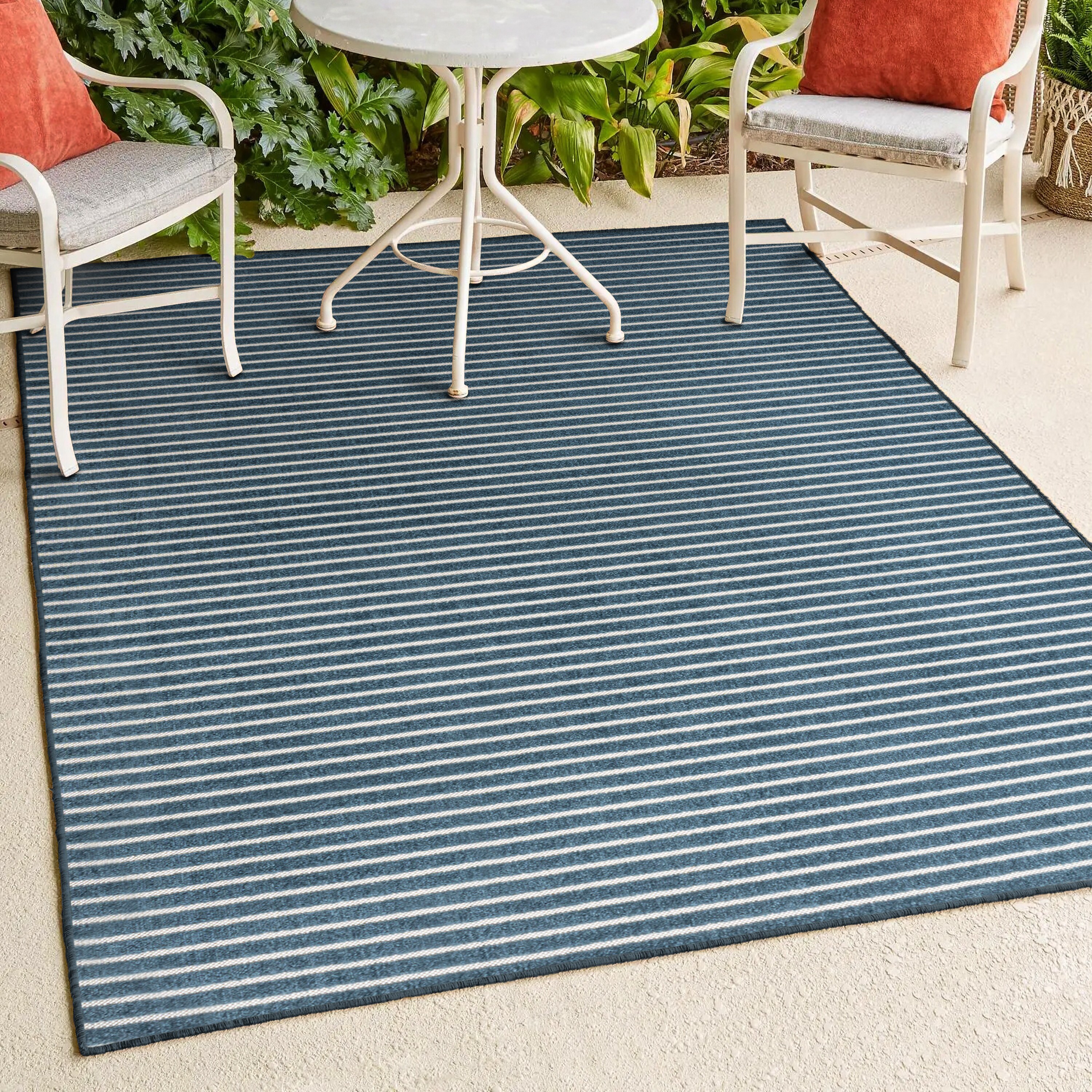Ivory and Navy Striped Synthetic 4' x 6' Reversible Rug