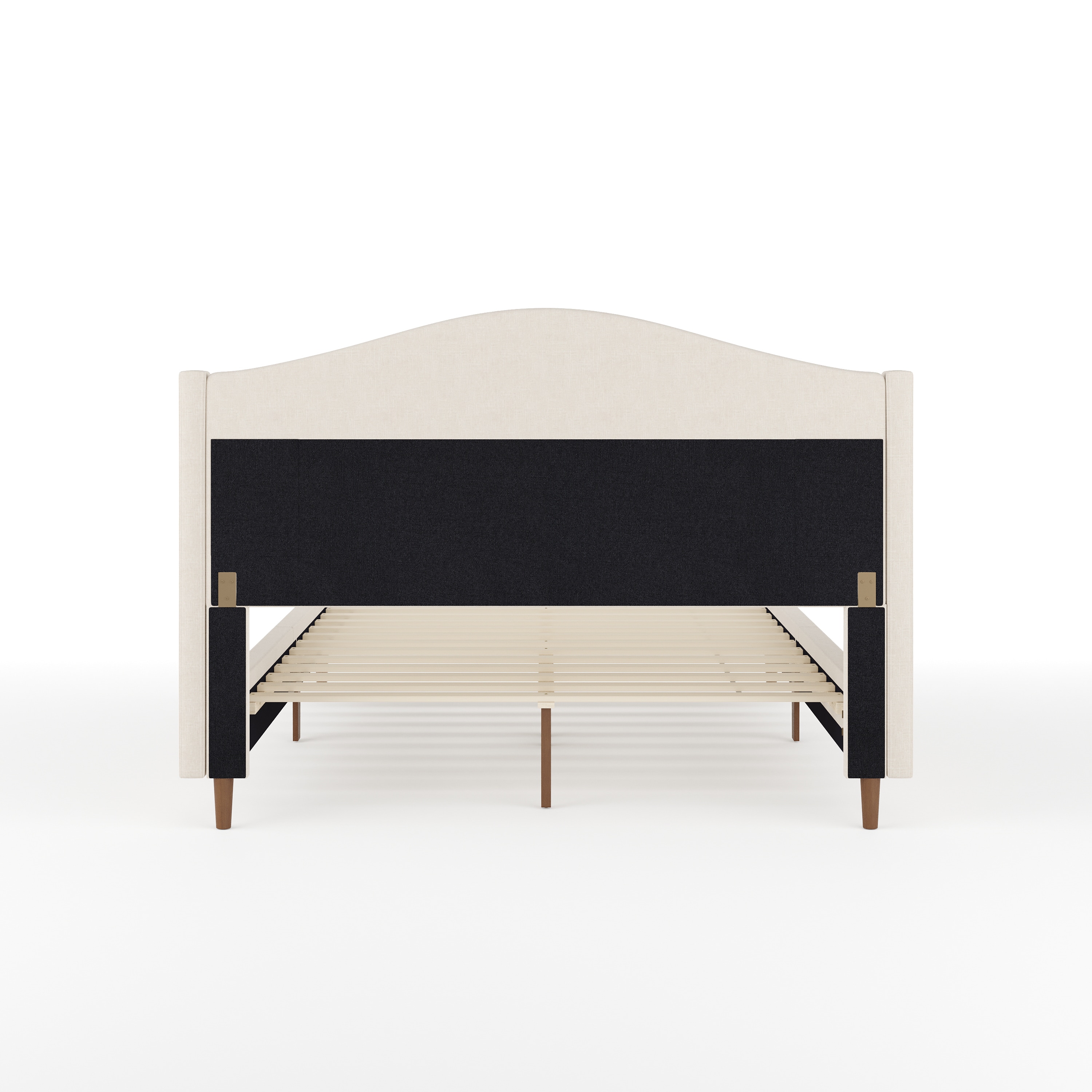 Full Beige Linen Upholstered Platform Bed with Walnut Legs