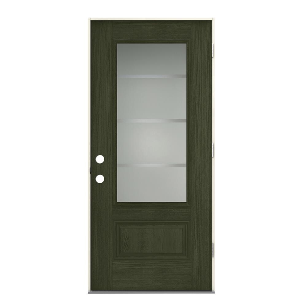 JELD-WEN LOWOLJW231900036 Crosslines 32-in x 80-in Fiberglass 3/4 Lite Left-Hand Outswing Juniper Stained Prehung Front Door Insulating Core