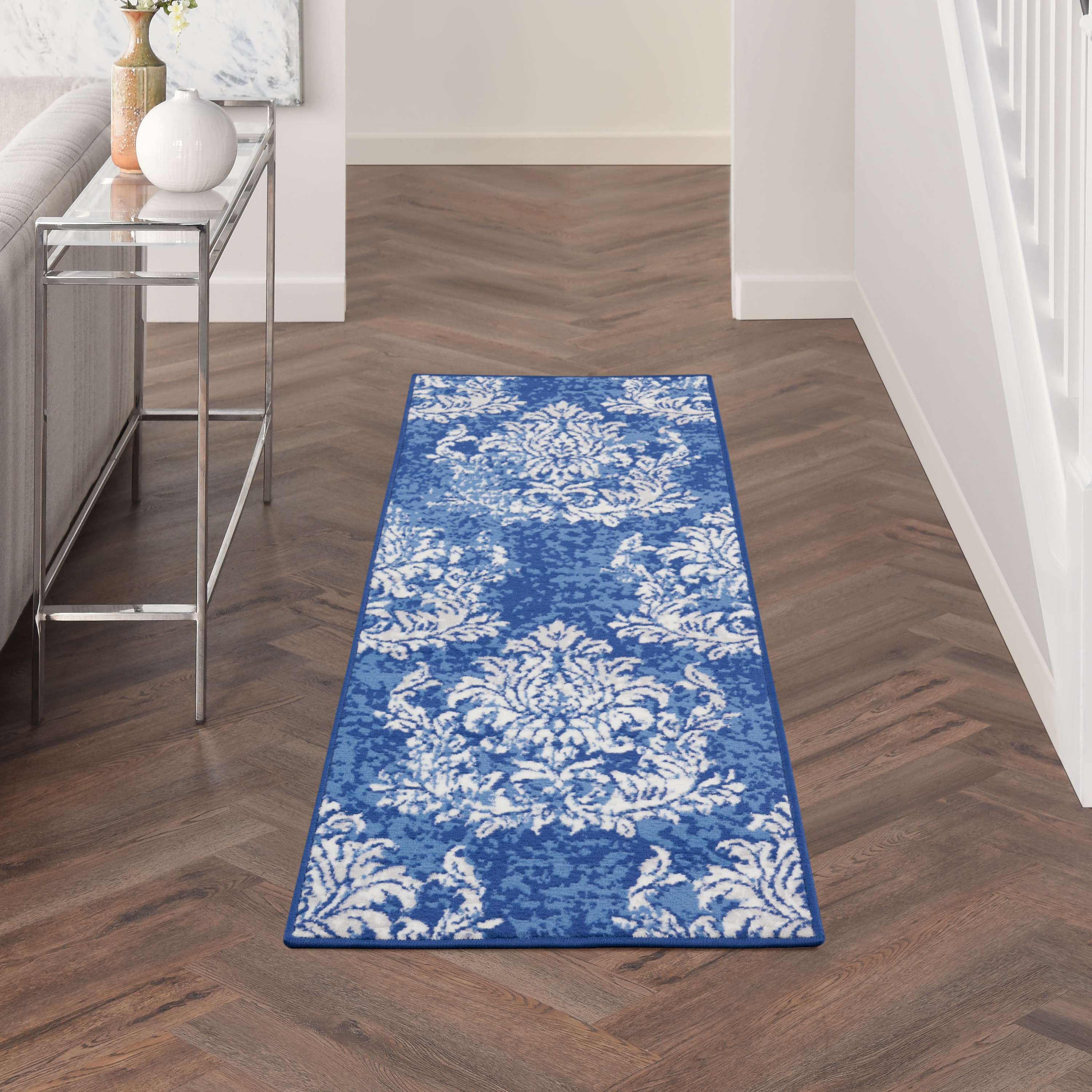 Nourison 99446833402 Whimsicle 2 x 6 (ft) Loomed Polypropylene Navy Ivory Rectangular Indoor Damask Runner rug