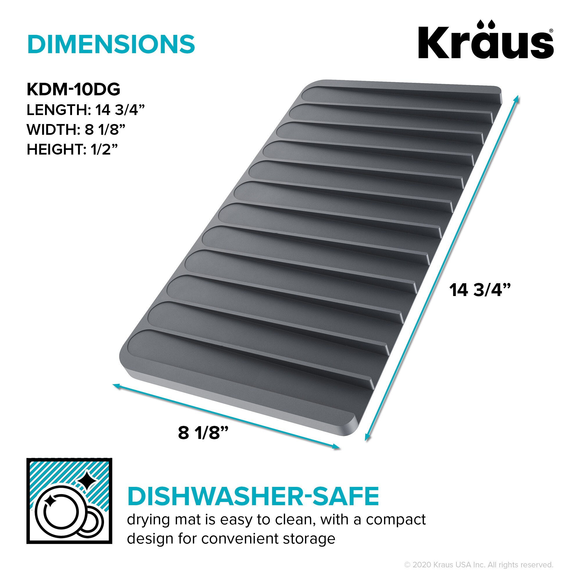 Kraus KDM-10DG Self-Draining Silicone Dish Drying Mat or Trivet for Kitchen Counter in Dark Grey