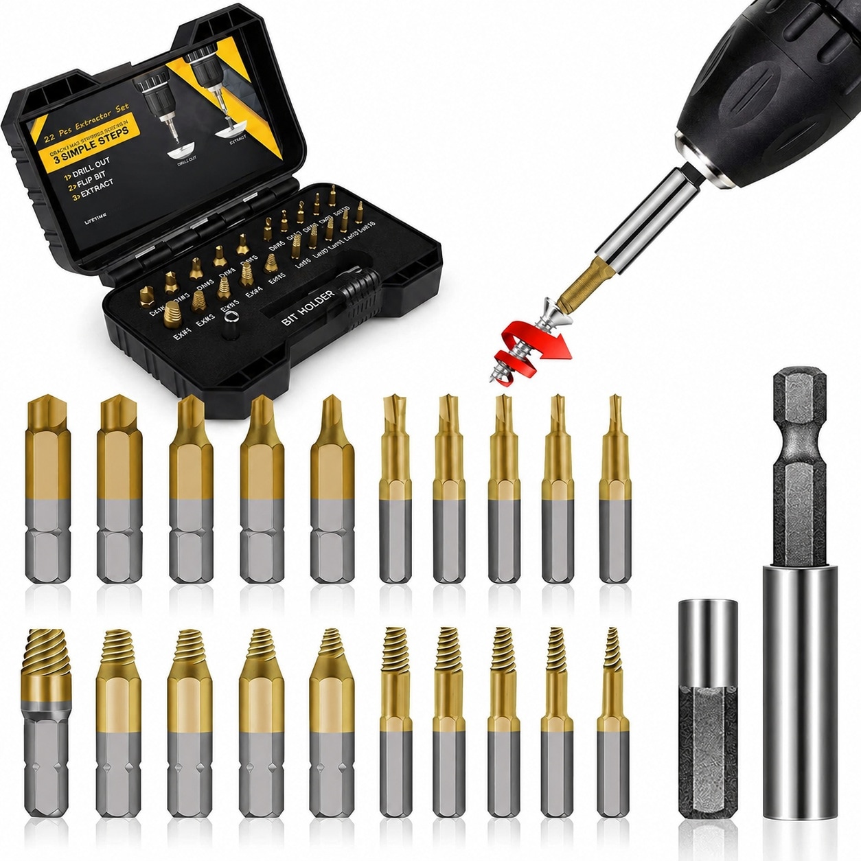 UUDULY  22 Piece Titanium Damaged Screw Extractor Set Remover for Stripped Head Screws Nuts and Bolts Drill Bit Tools for Easy Removal of Rusty