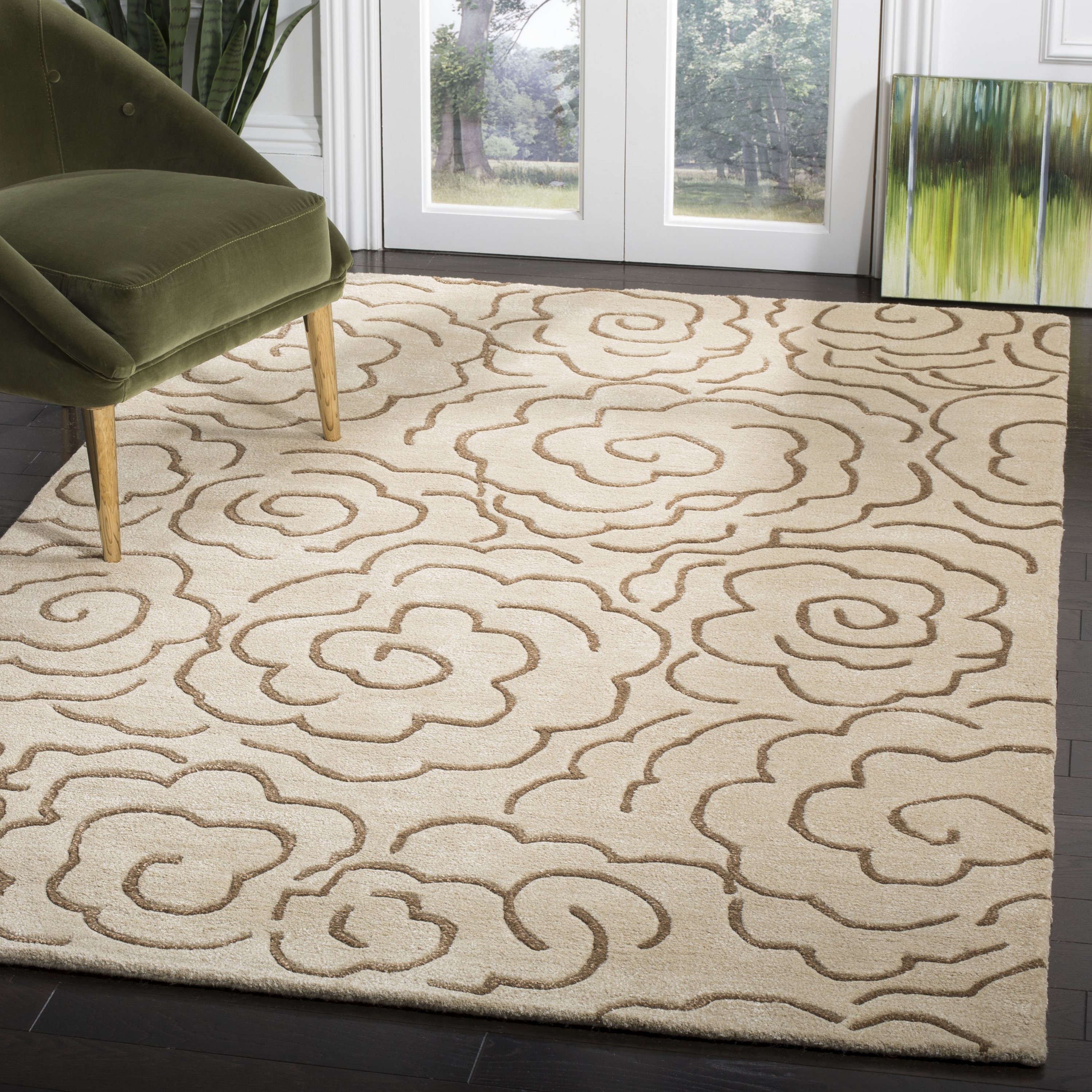 Ivory and Beige Tufted Floral Wool Area Rug, 2' x 3'