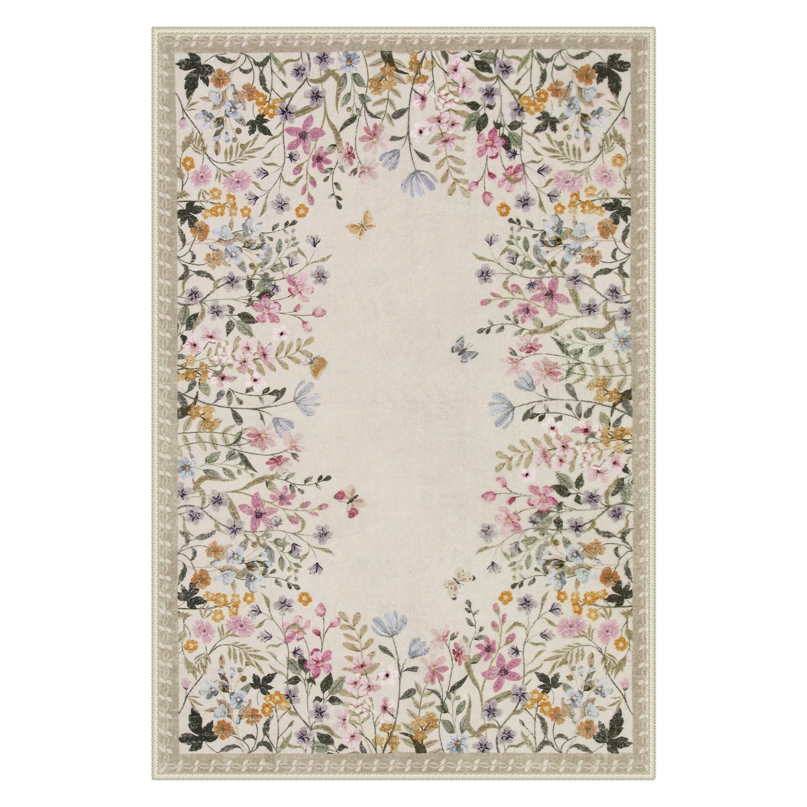 Lahome RR-DYR-036-W5 8 x 10 (ft) White GST Loop Floral Surround Short Pile Velvet Rectangular Indoor Area Rug