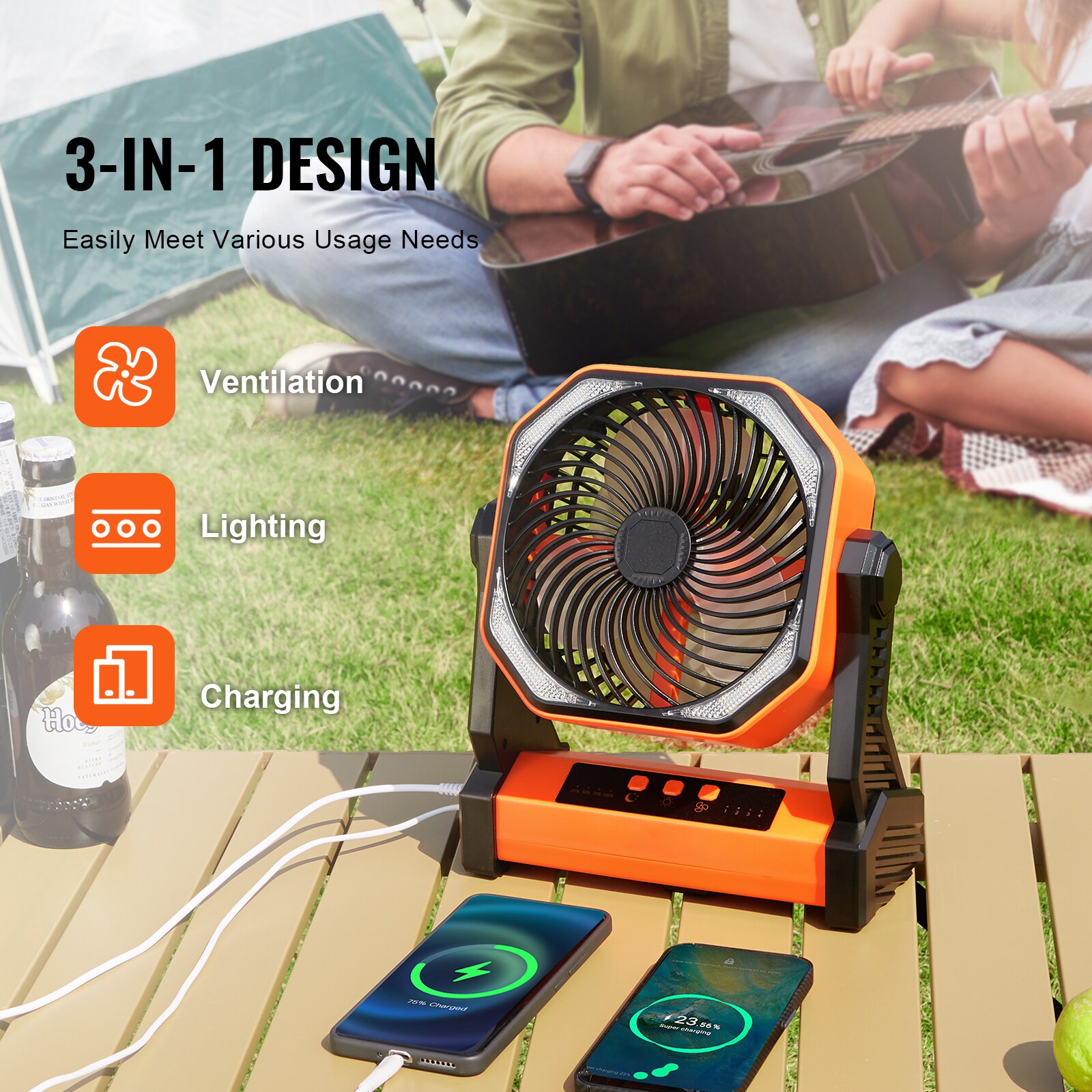 VEVOR 8-Inch Orange Rechargeable Desk Fan with LED Lantern