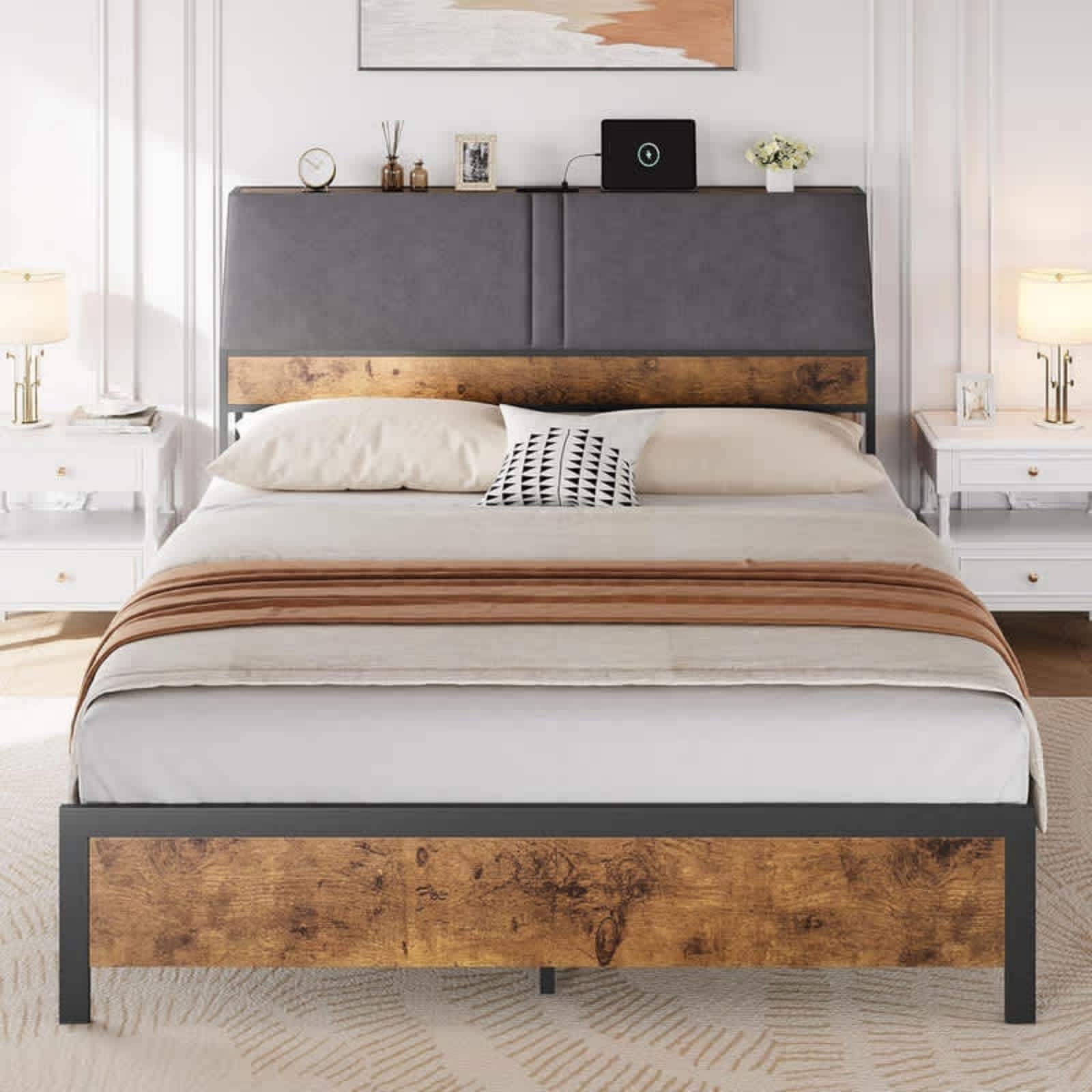 Qeetex VGX-PHO-14YPQHN9 Queen Rustic Brown Platform Bed with Ergonomic Upholstered Storage Headboard Bed Frame with Built in Charging Station Strong Metal Slats No Box Spring Needed Sturdy and Noise Free