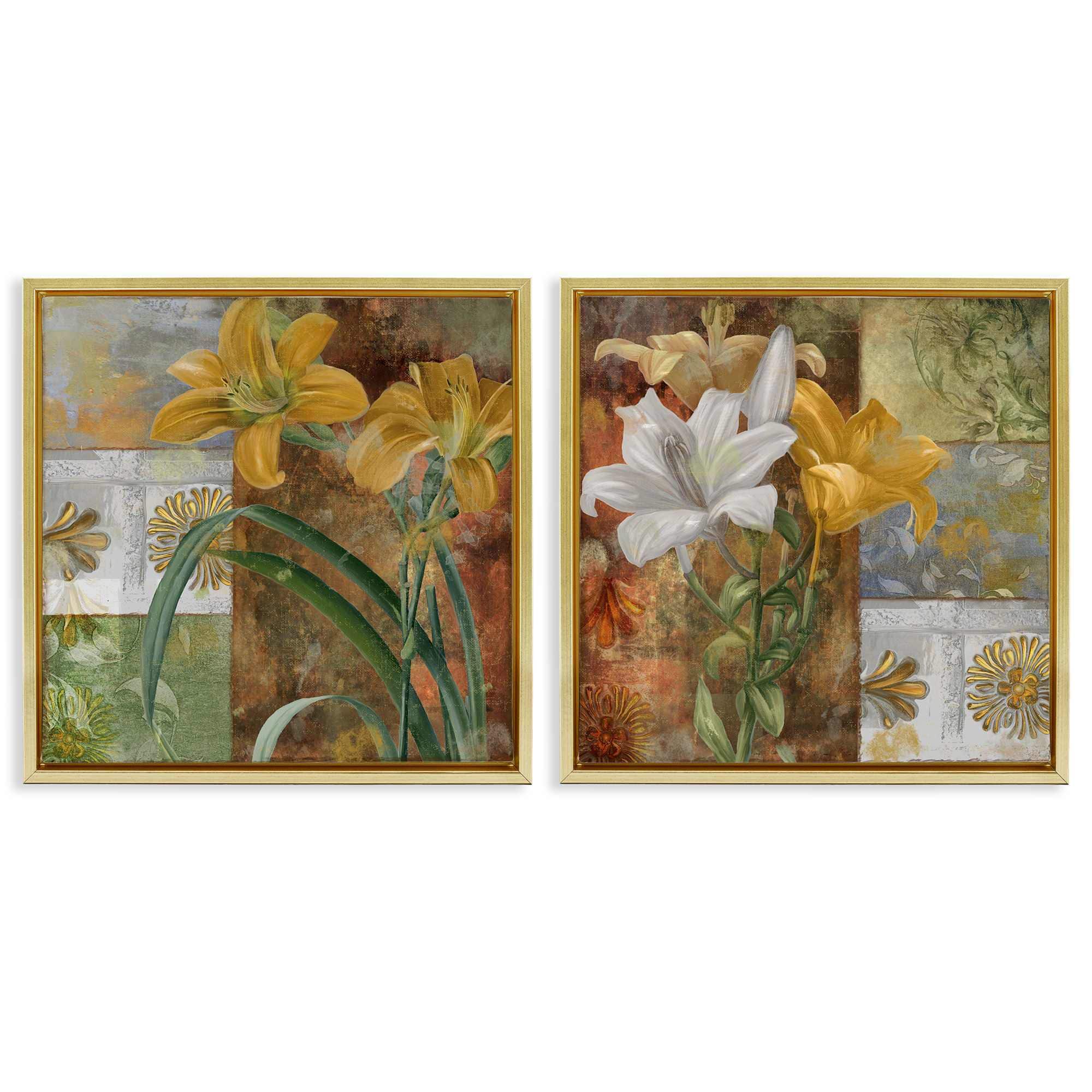 Stupell Industries B2-809-FFG-2PC-24X24 Lilies and Vintage Tile Patterns 2 Piece Gold Framed Floater Canvas Set By Sasha 25 x 25