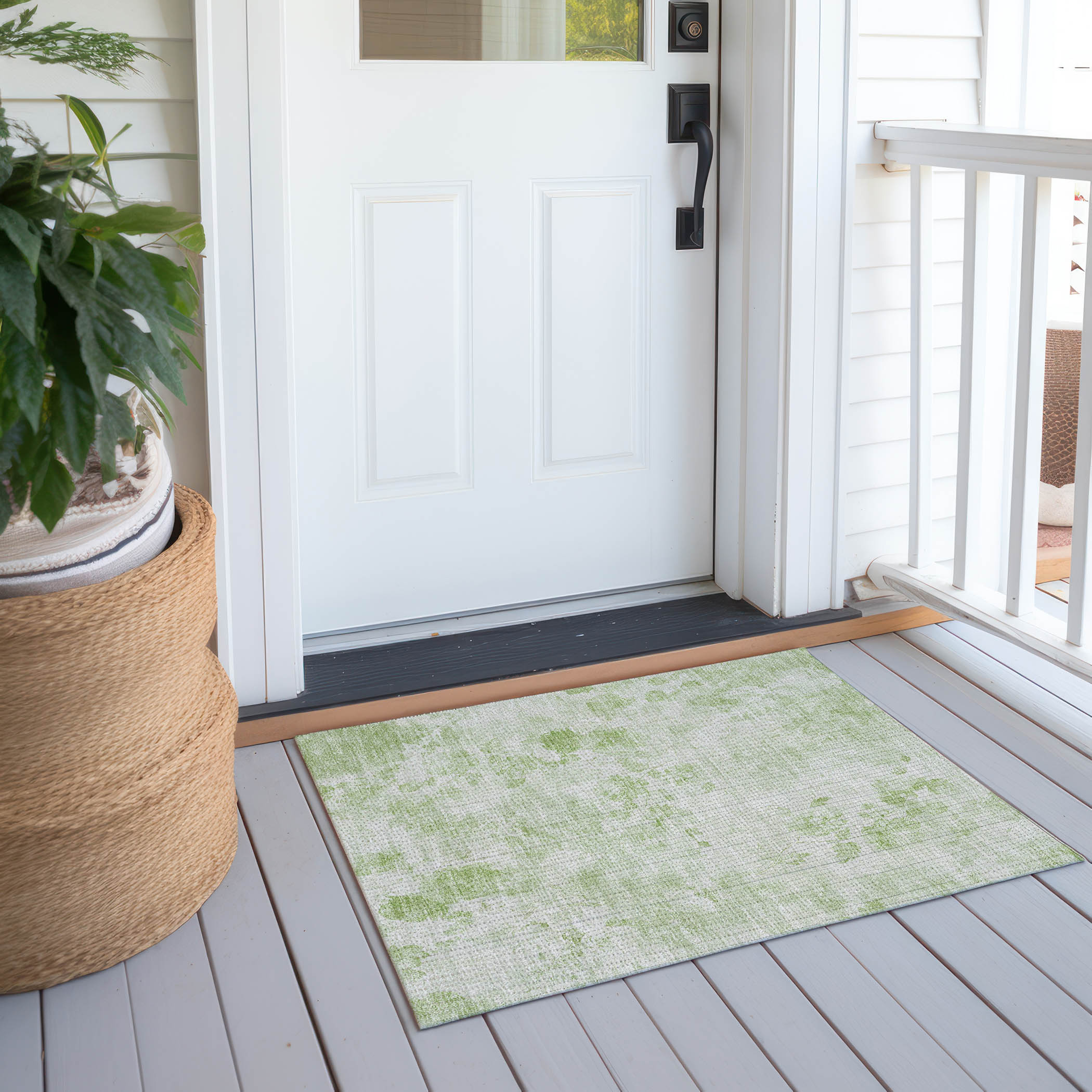 Aloe Green Floral Synthetic Rectangular Washable Rug