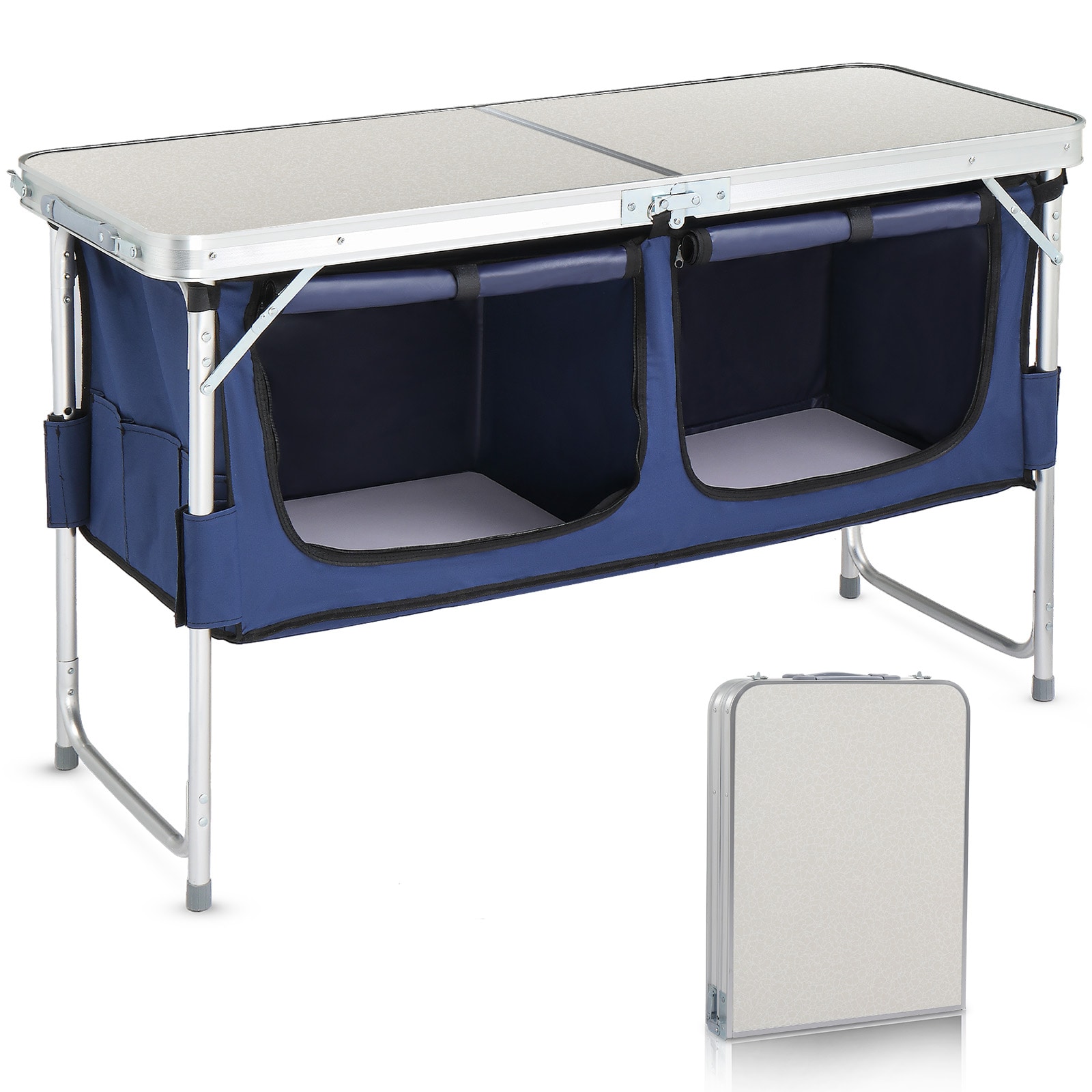 VINGLI - 4FT Folding Camping Table with Storage/Aluminum Picnic Table with Adjustable Height for ...
