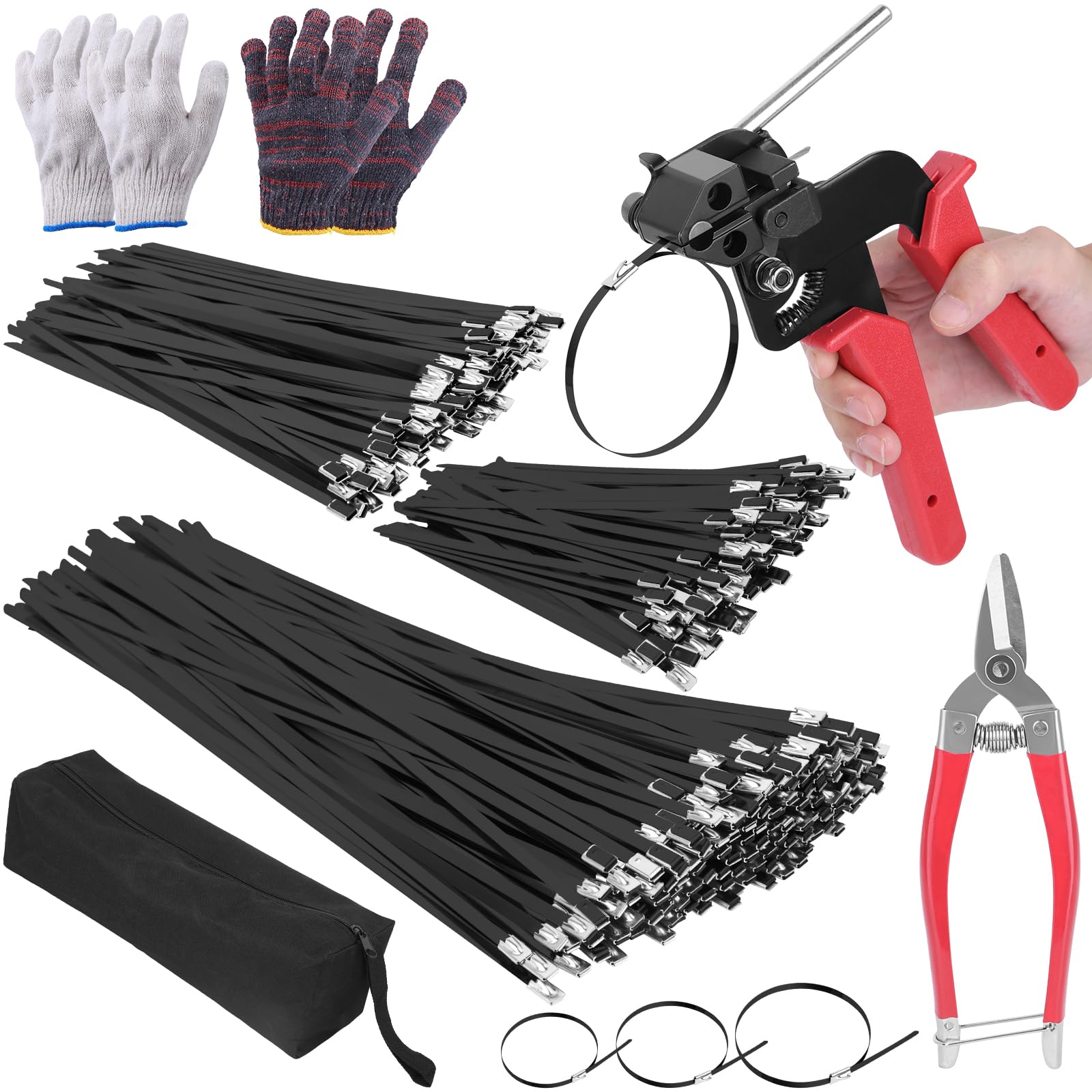 Afoxsos 400 Pack Metal Zip Tie Tool Kit 6 8 12 Inch Heavy Duty Stainless Steel Self Locking Cable Ties with Cutter Gloves Storage Bag for Fences Pipes Vehicles Farms