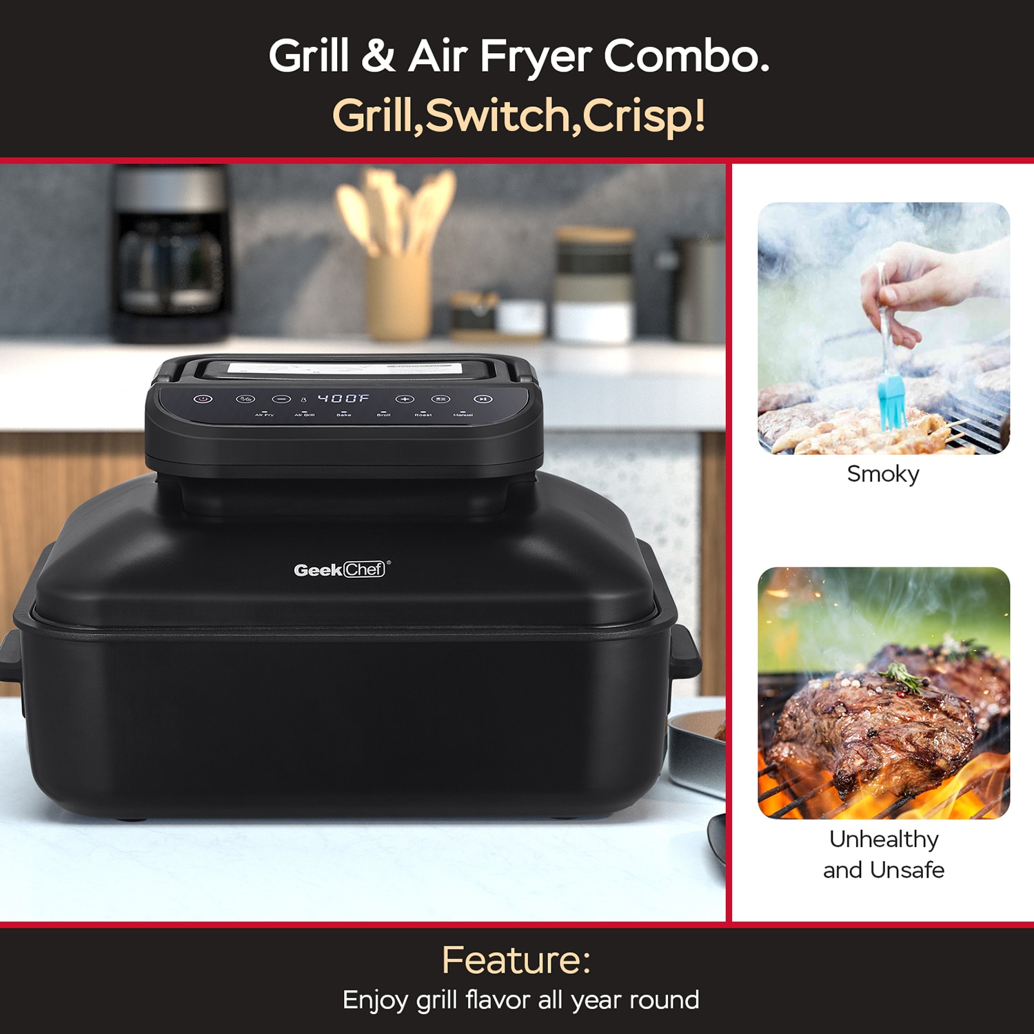 Geek Chef Black 10 Quart Air Fryer and Toaster Oven Combo - 1400W