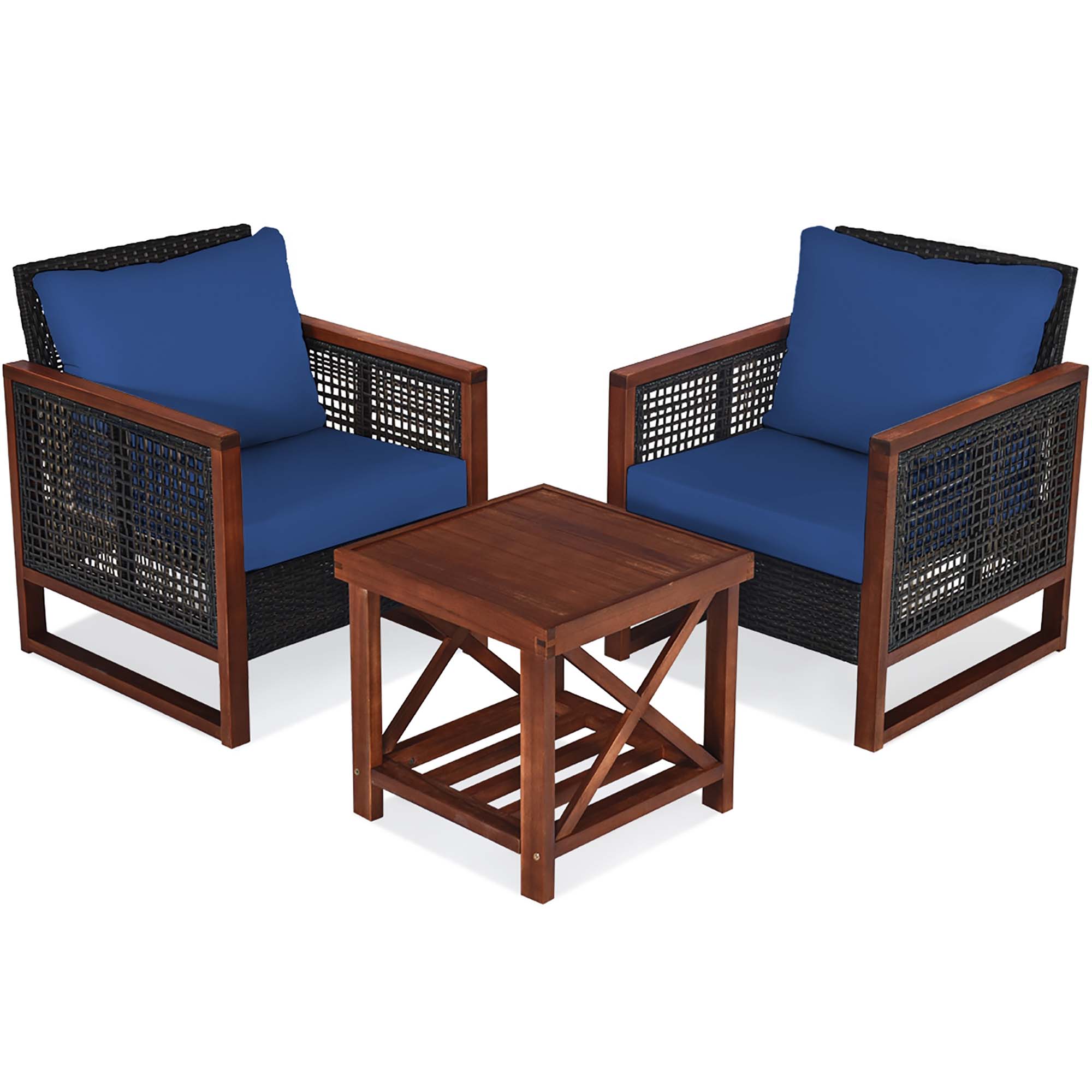 CASAINC CEW-HZ001-GR Acacia Wood Patio Furniture Set with Coffee Table 3 -Piece Rattan Patio Conversation Set with Blue Cushions