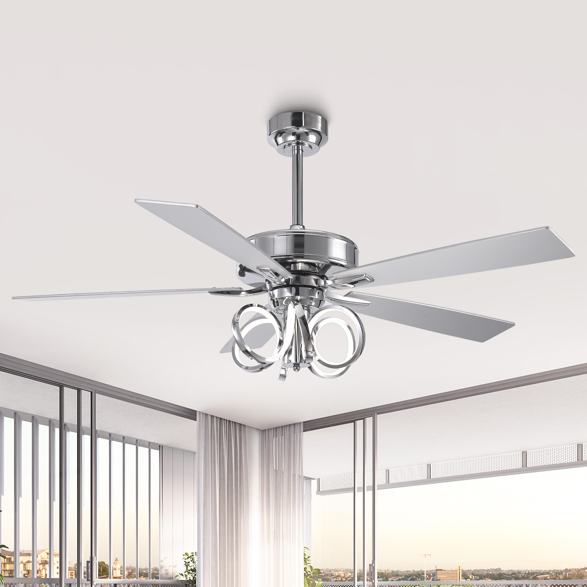 IHOMEadore MDF6019CR 52-in Color-Changing Integrated LED Chorme with Ceiling Fan With Light - Remote Included ( 5 -Blade )